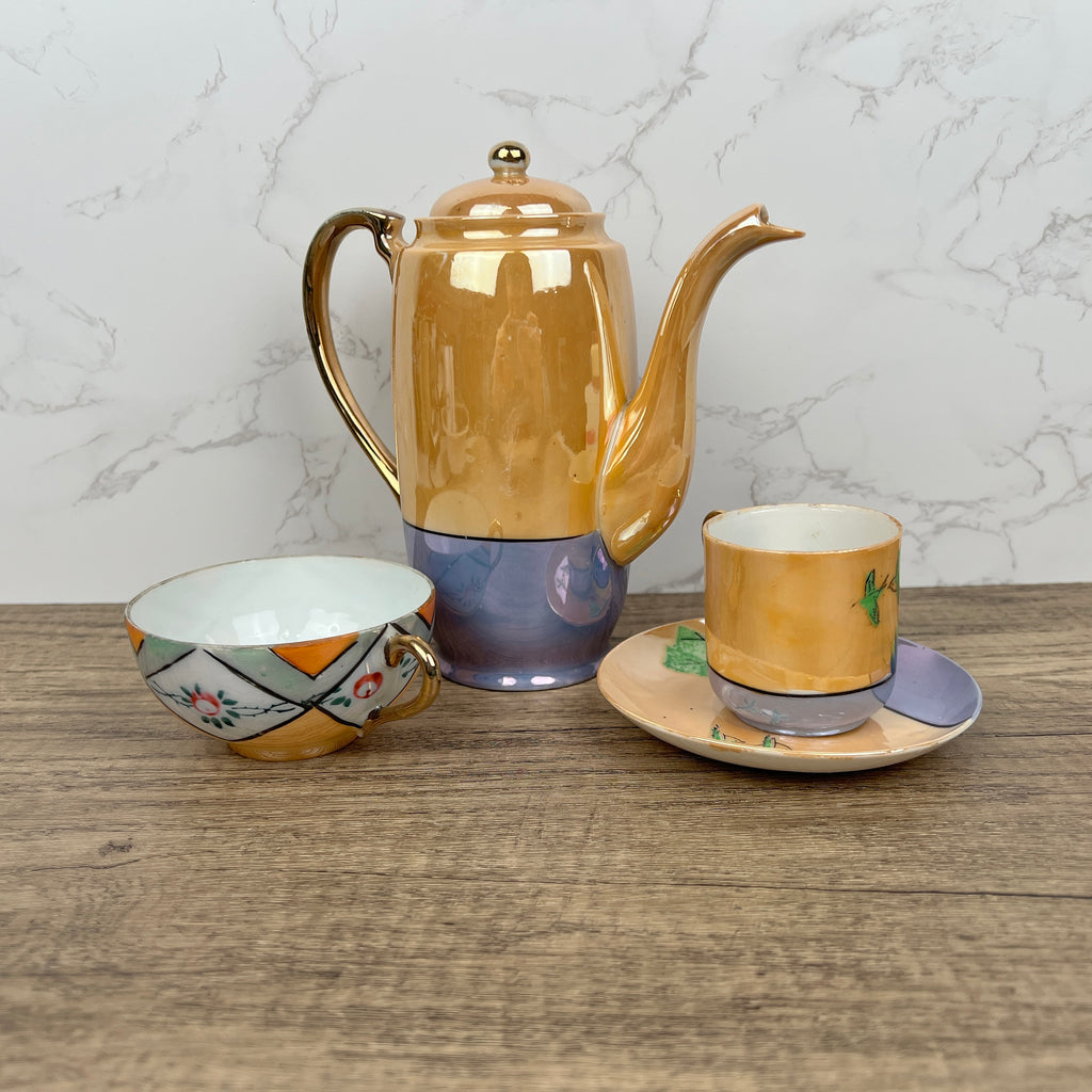 Vintage Mikori Japan Espresso Set, Hand Painted Windmill Landscape