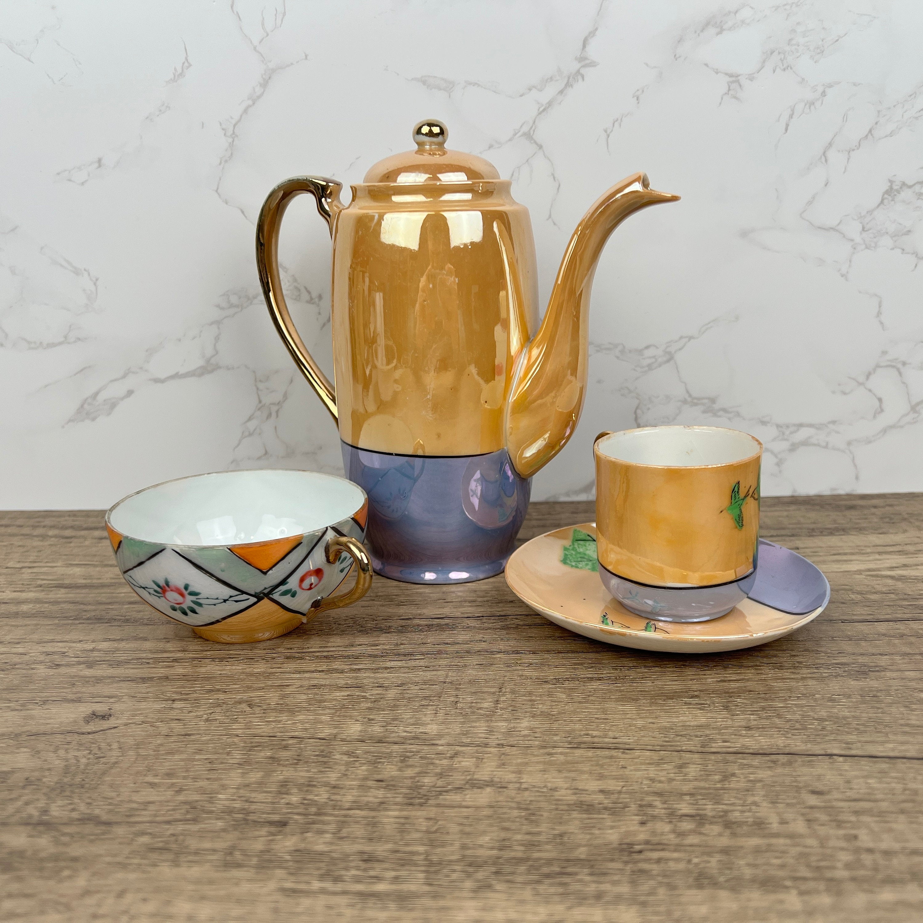 Vintage Mikori Japan Espresso Set, Hand Painted Windmill Landscape
