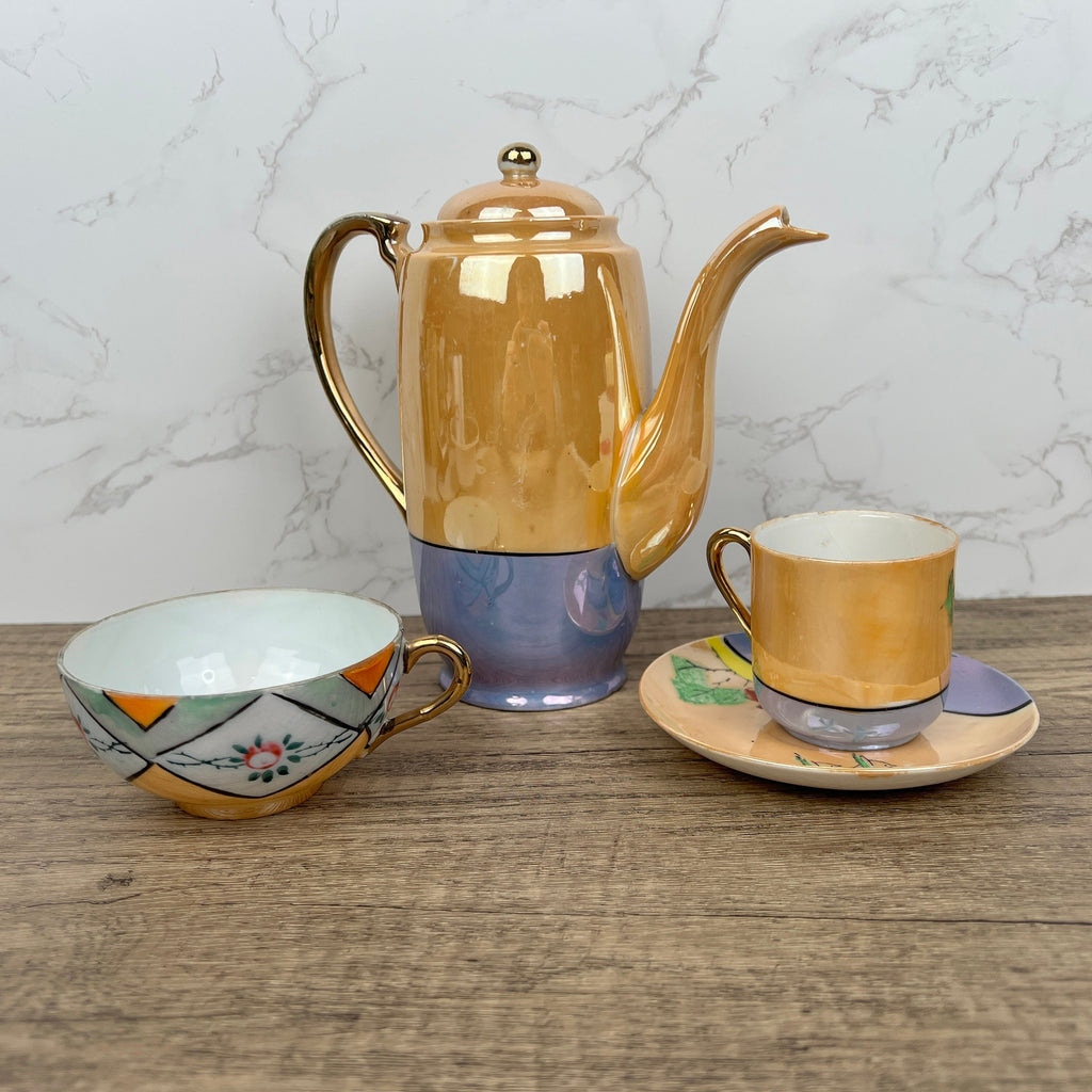 Vintage Mikori Japan Espresso Set, Hand Painted Windmill Landscape