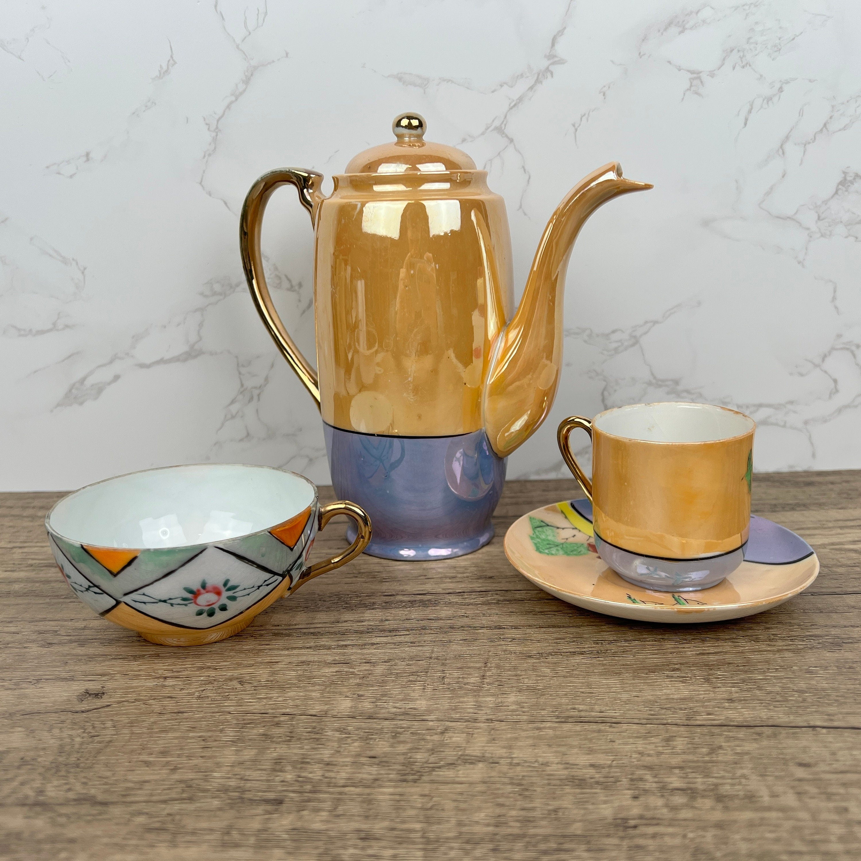 Vintage Mikori Japan Espresso Set, Hand Painted Windmill Landscape