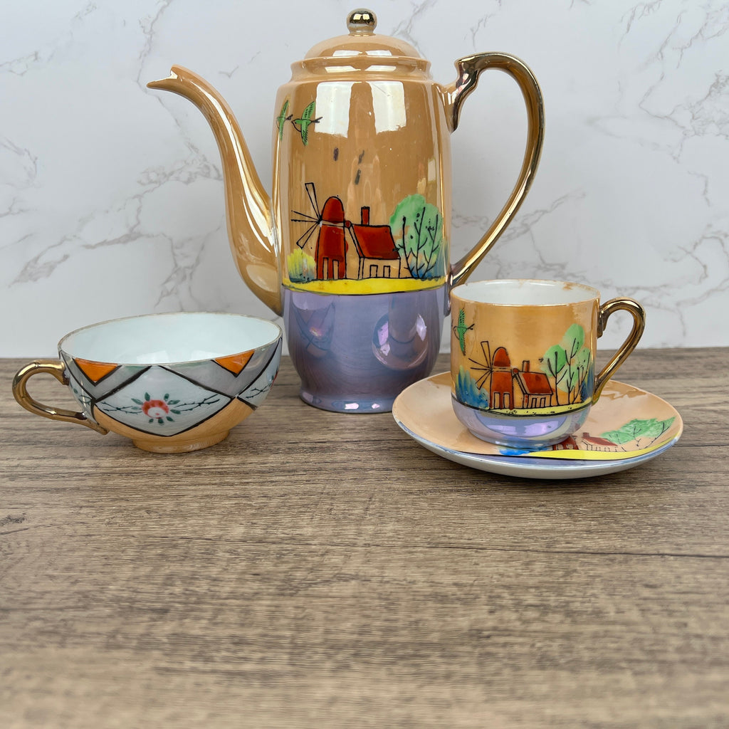 Vintage Mikori Japan Espresso Set, Hand Painted Windmill Landscape