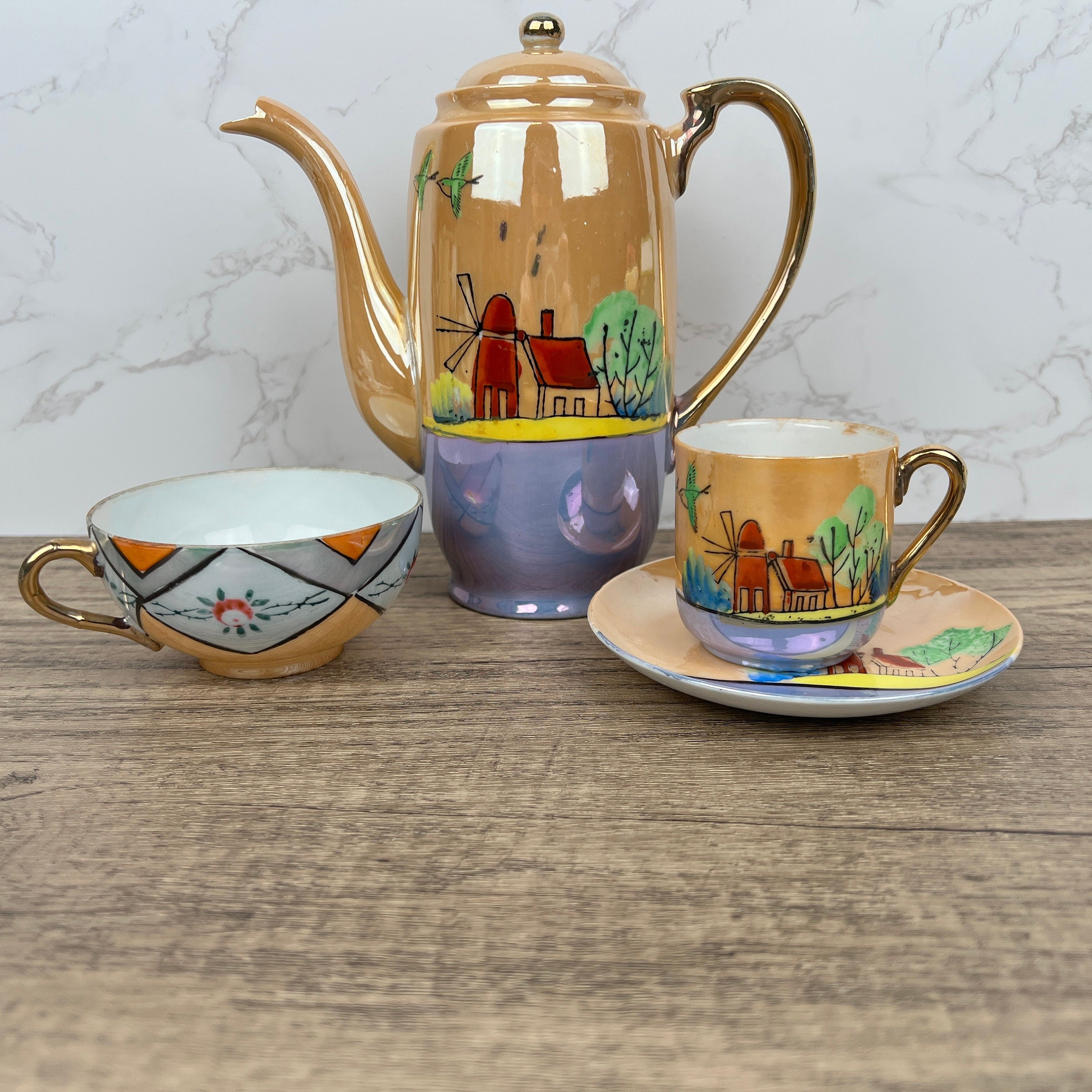 Vintage Mikori Japan Espresso Set, Hand Painted Windmill Landscape
