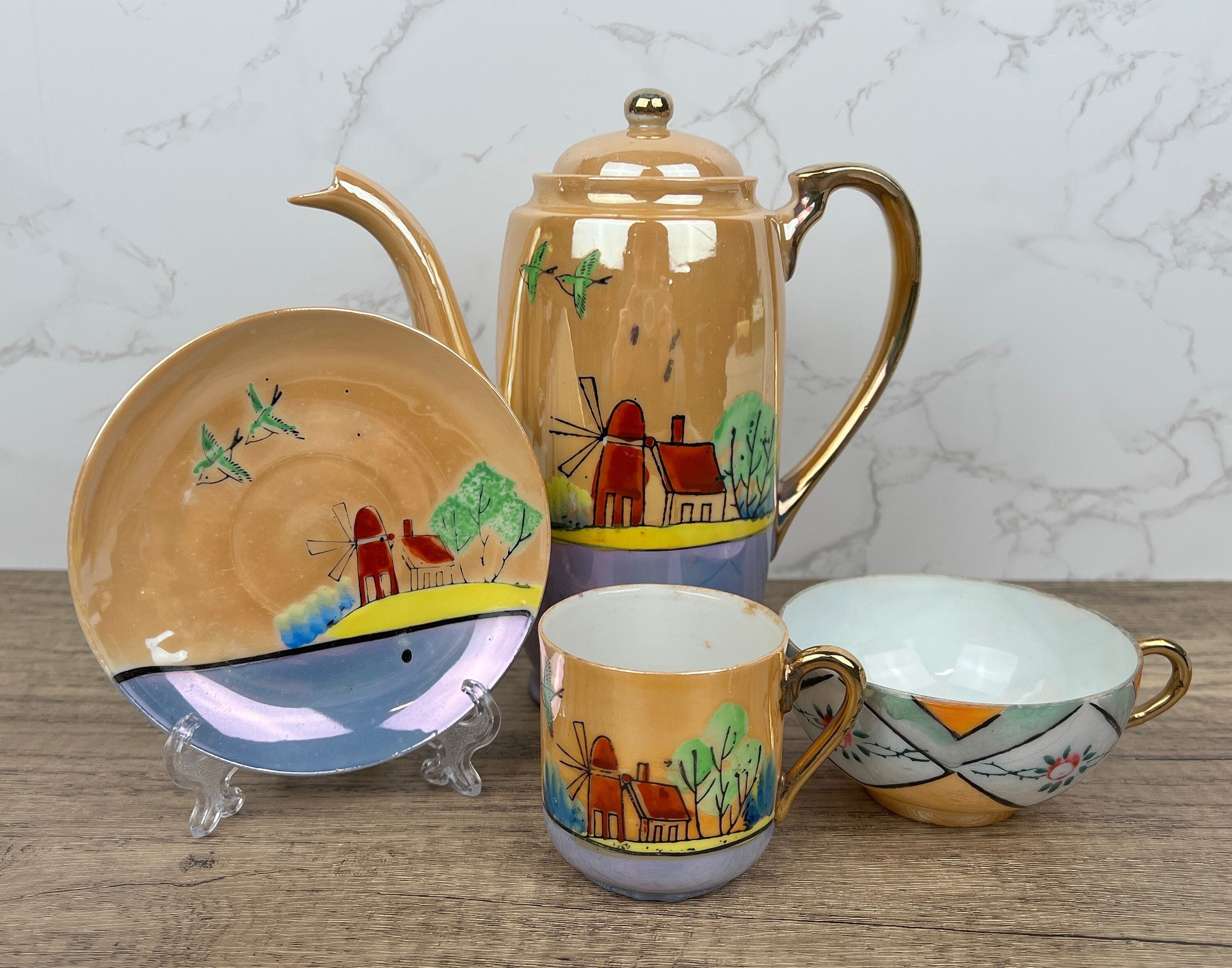 Vintage Mikori Japan Espresso Set, Hand Painted Windmill Landscape