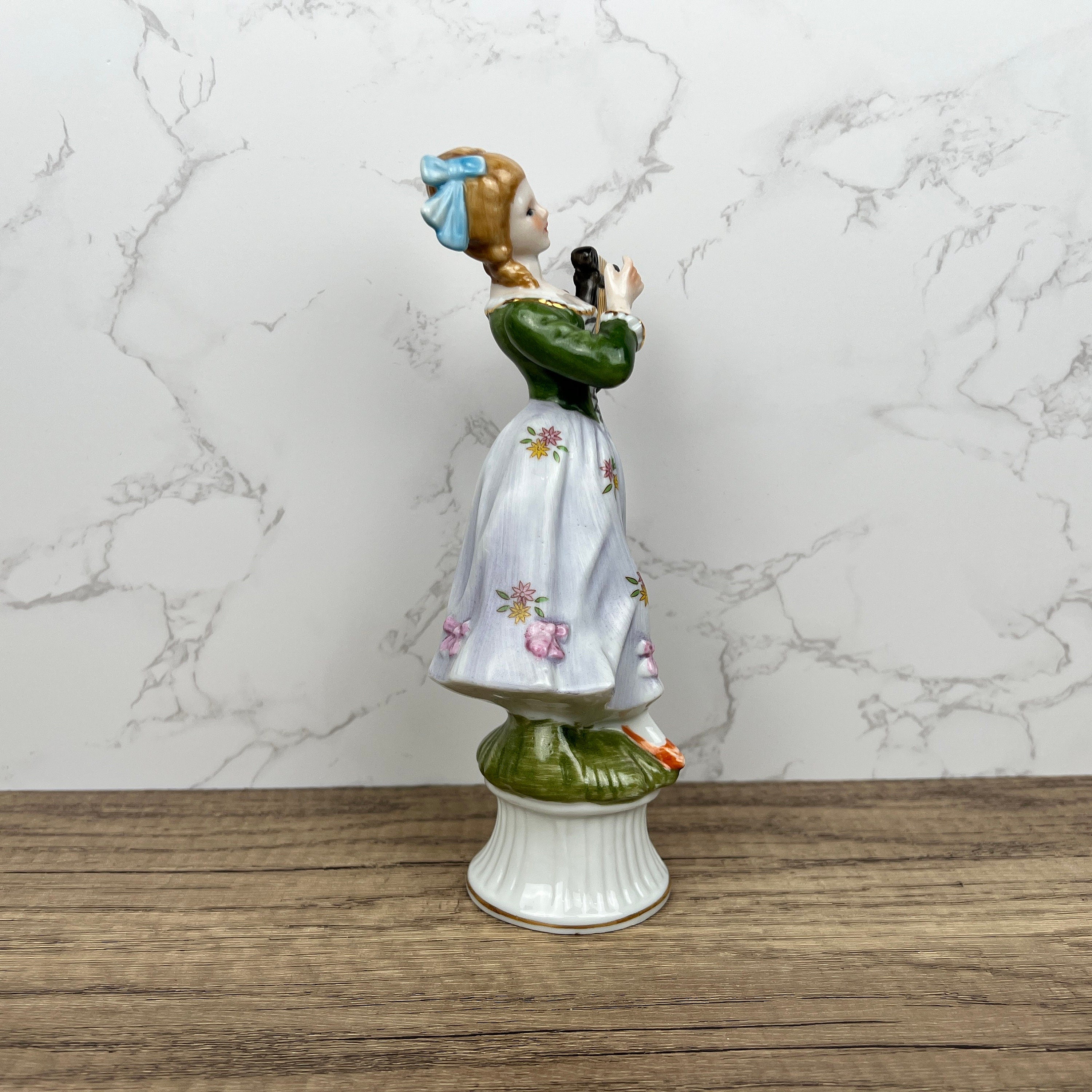 Vintage Victorian Style Porcelain Figurine, Woman Playing Harp