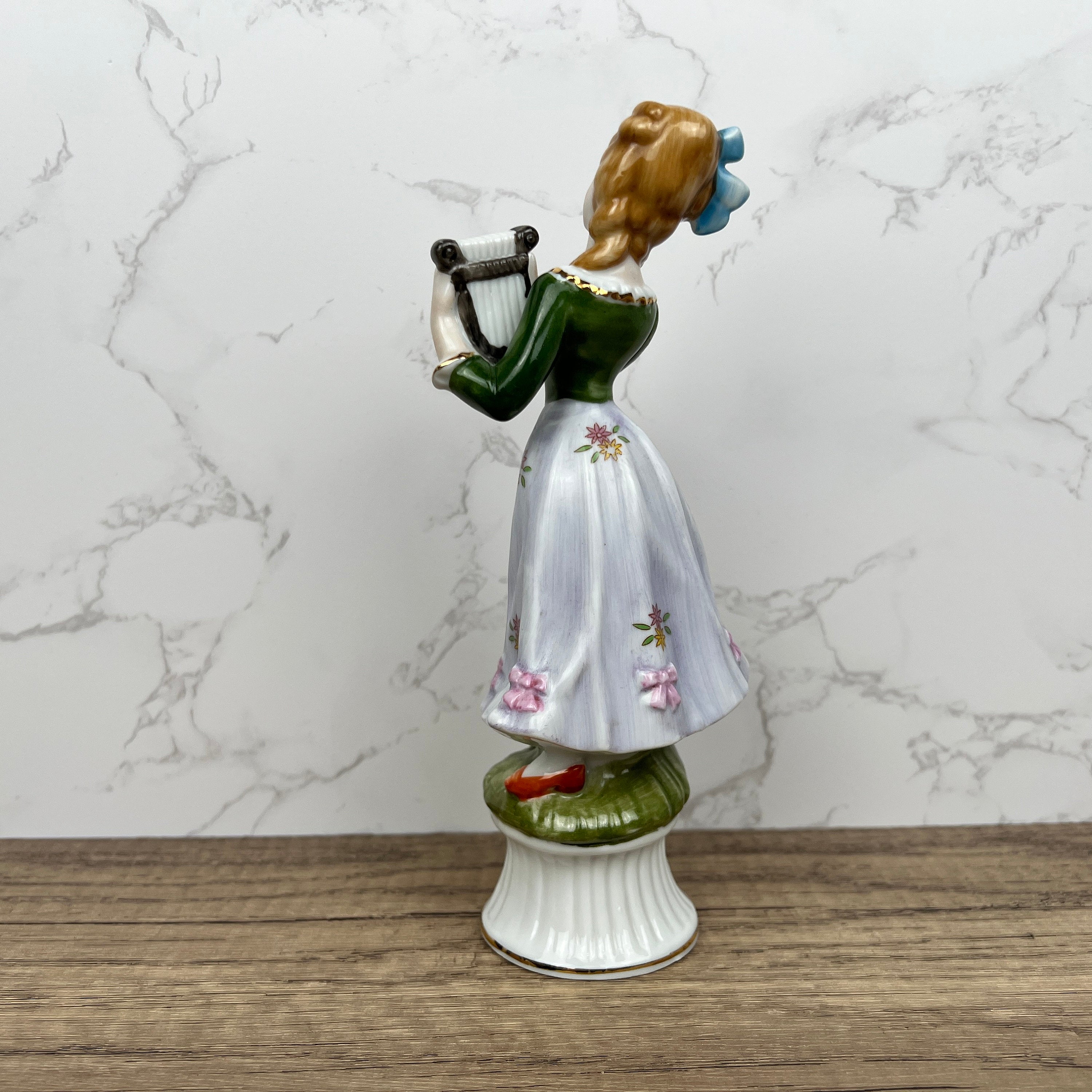 Vintage Victorian Style Porcelain Figurine, Woman Playing Harp