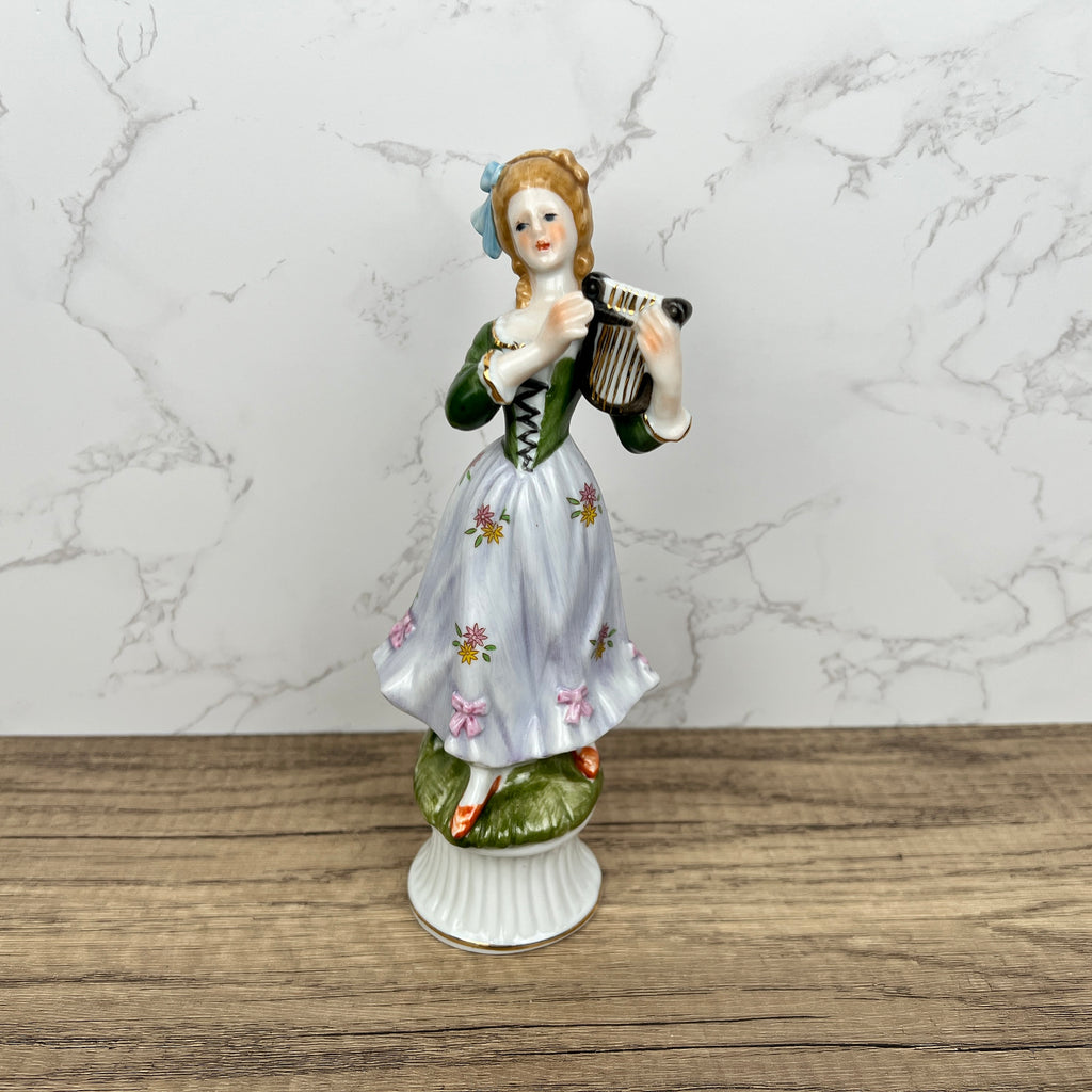 Vintage Victorian Style Porcelain Figurine, Woman Playing Harp