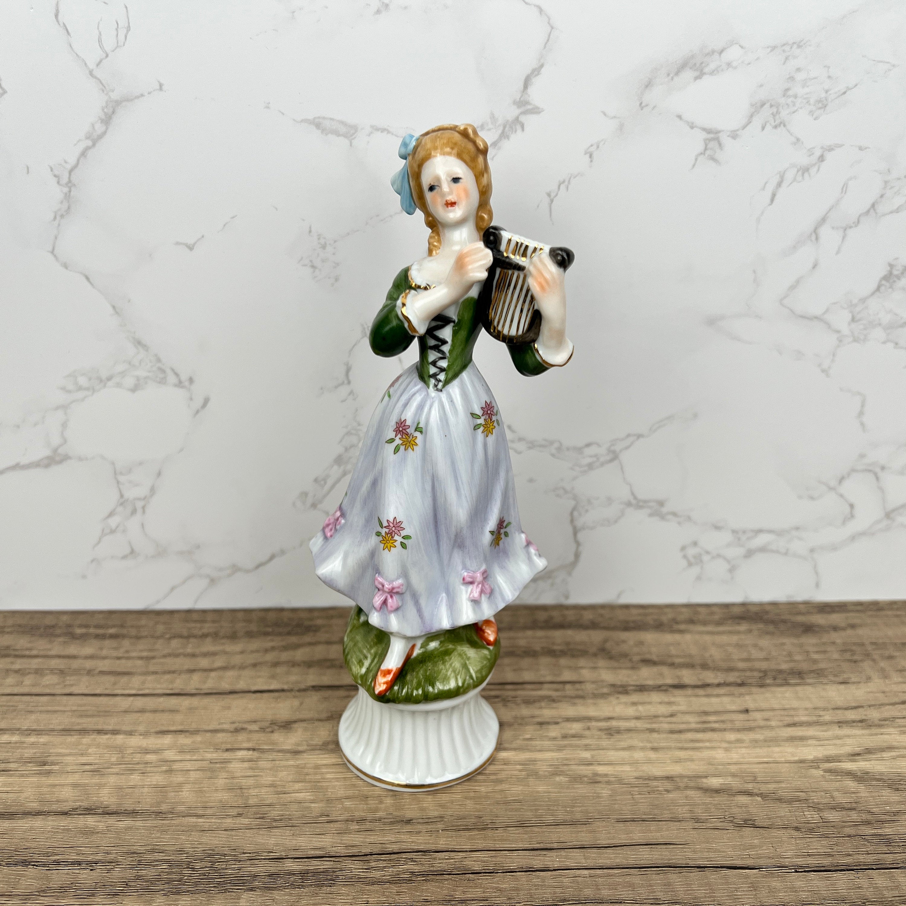 Vintage Victorian Style Porcelain Figurine, Woman Playing Harp