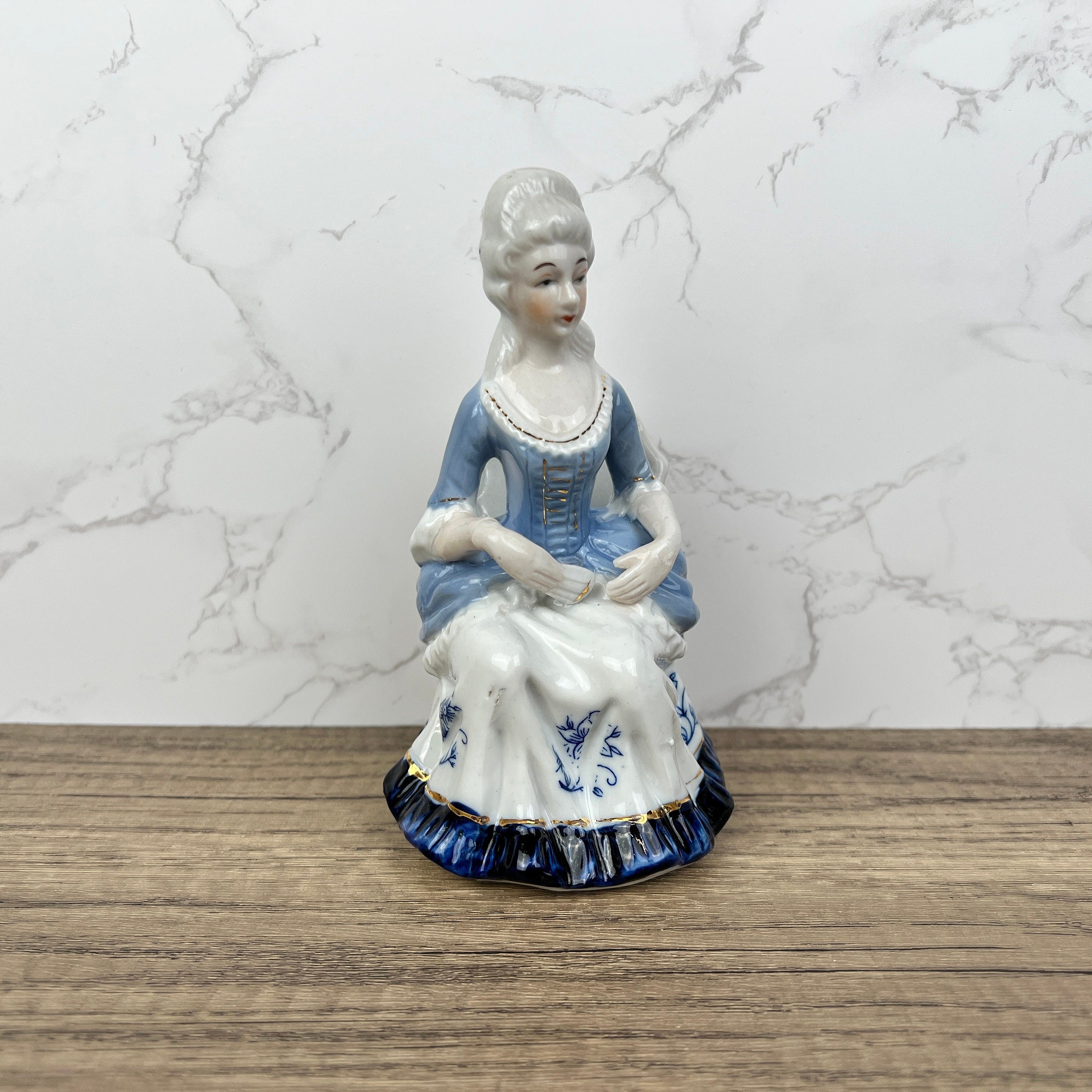 Vintage Victorian Porcelain Figurine, Blue White Lady with Fan