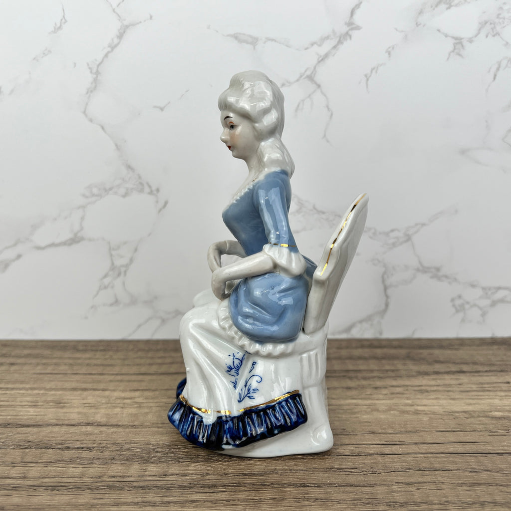 Vintage Victorian Porcelain Figurine, Blue White Lady with Fan