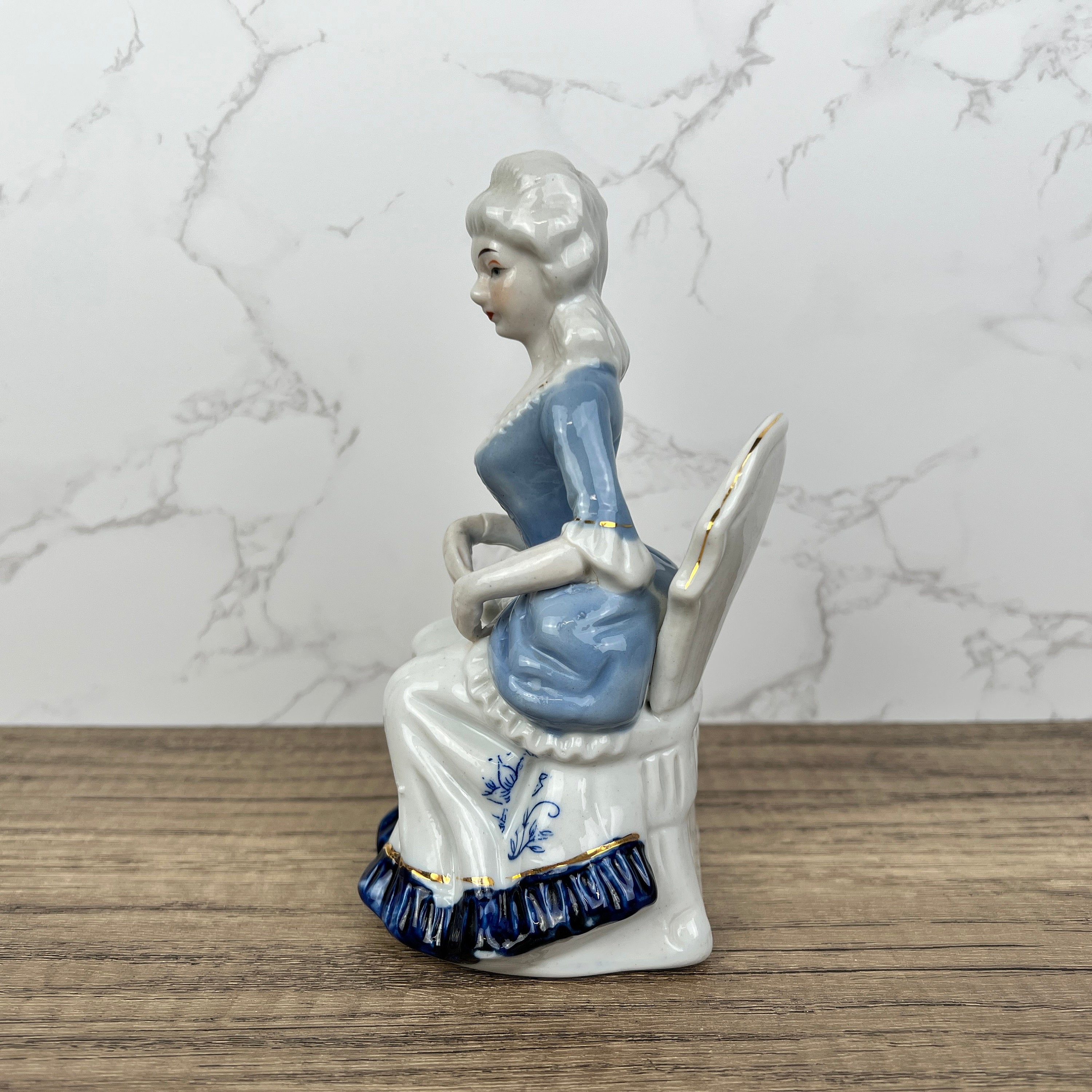 Vintage Victorian Porcelain Figurine, Blue White Lady with Fan