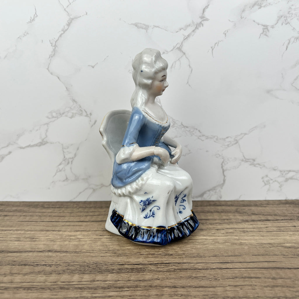 Vintage Victorian Porcelain Figurine, Blue White Lady with Fan