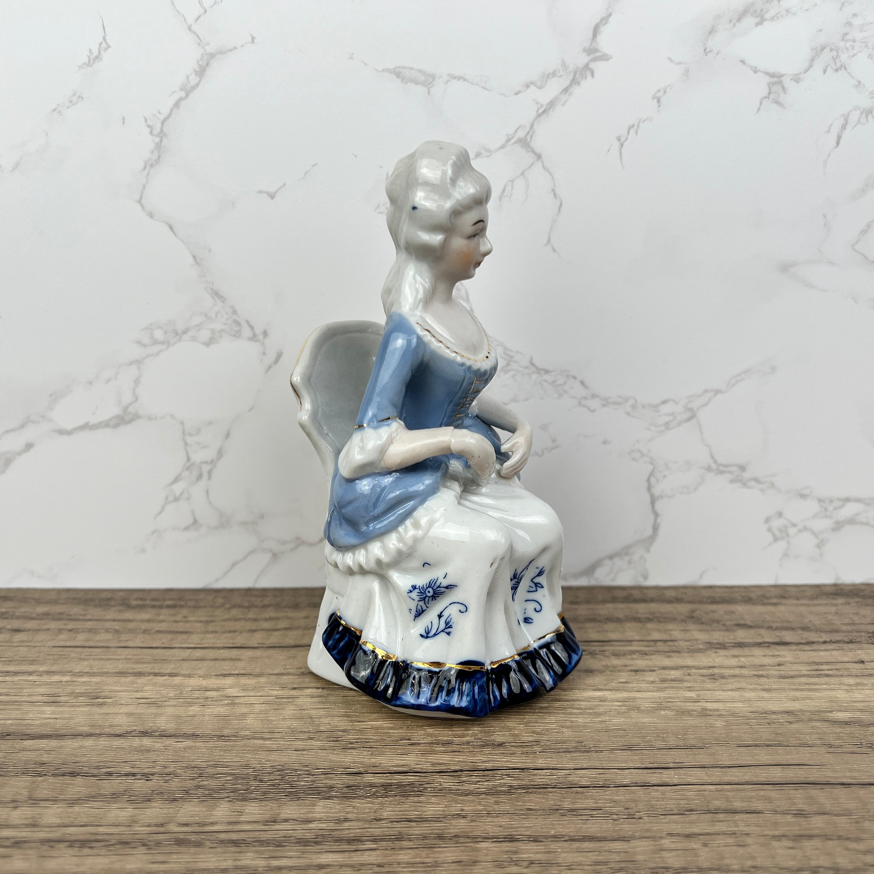 Vintage Victorian Porcelain Figurine, Blue White Lady with Fan