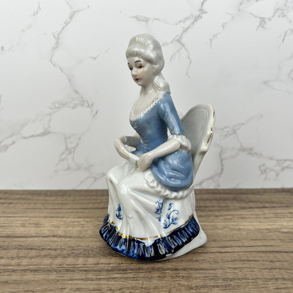Vintage Victorian Porcelain Figurine, Blue White Lady with Fan