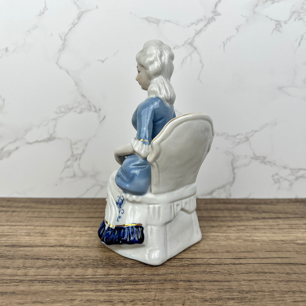 Vintage Victorian Porcelain Figurine, Blue White Lady with Fan