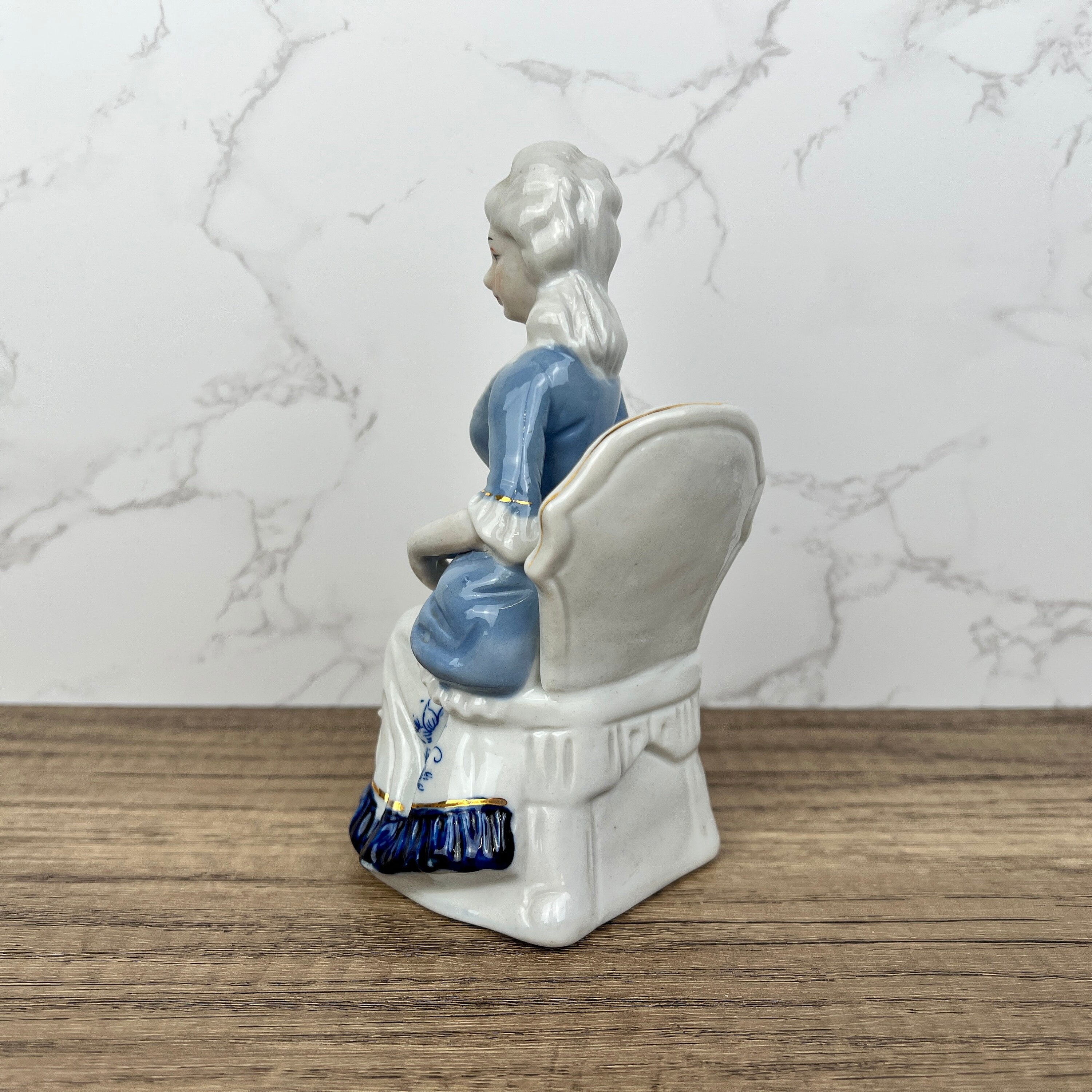 Vintage Victorian Porcelain Figurine, Blue White Lady with Fan