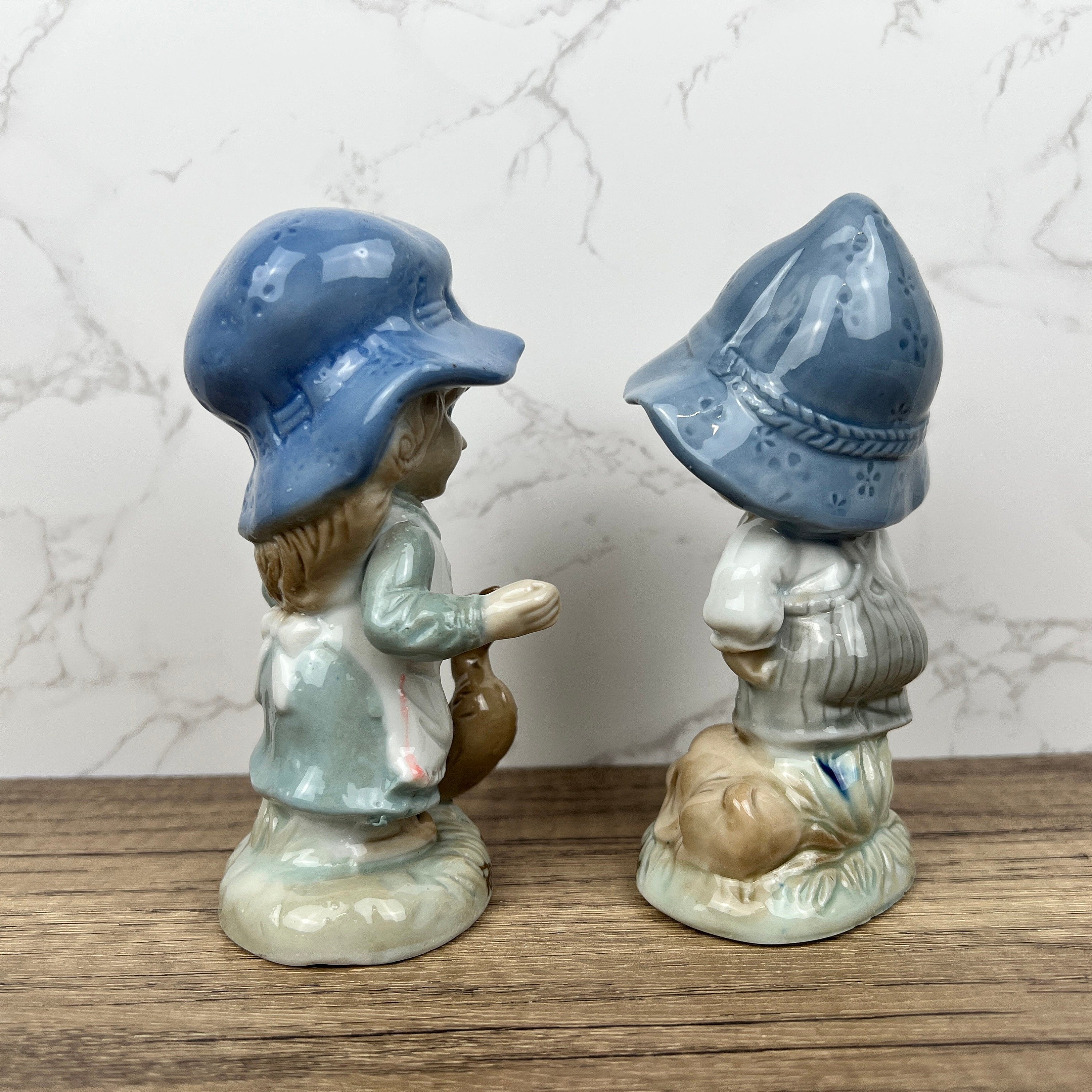 Vintage Portuguese Porcelain Figurines, Boy with Dog and Girl with Duck
