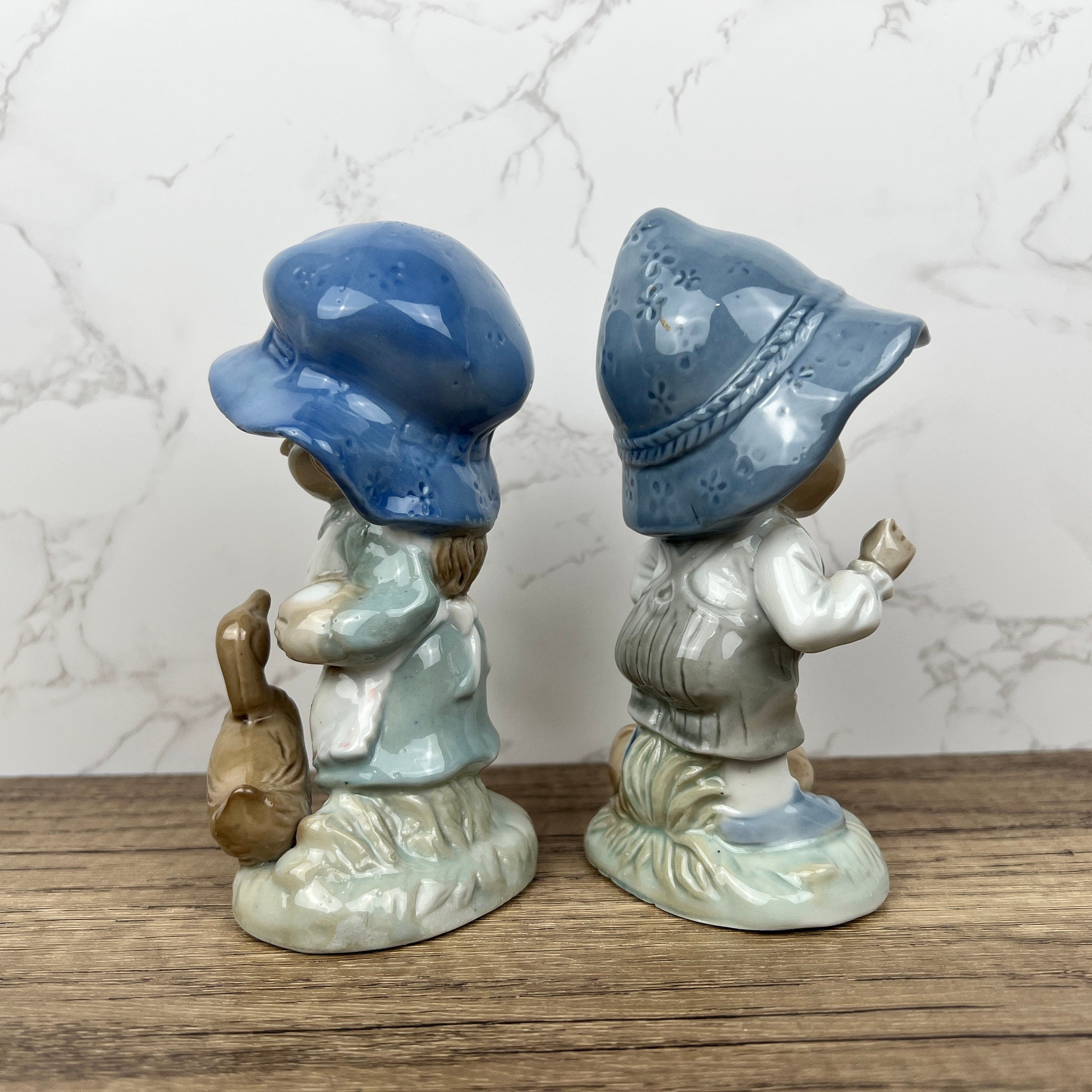 Vintage Portuguese Porcelain Figurines, Boy with Dog and Girl with Duck