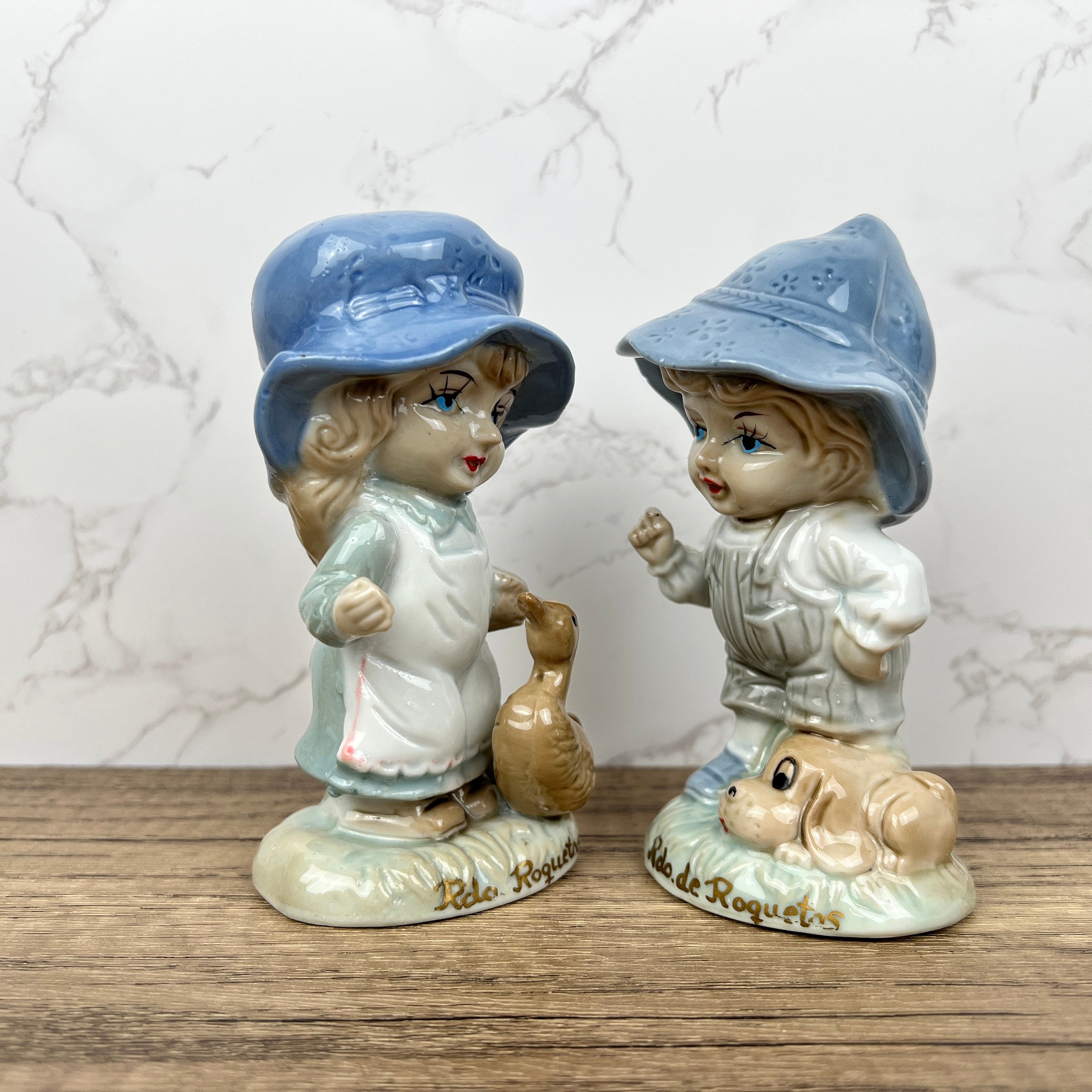 Vintage Portuguese Porcelain Figurines, Boy with Dog and Girl with Duck