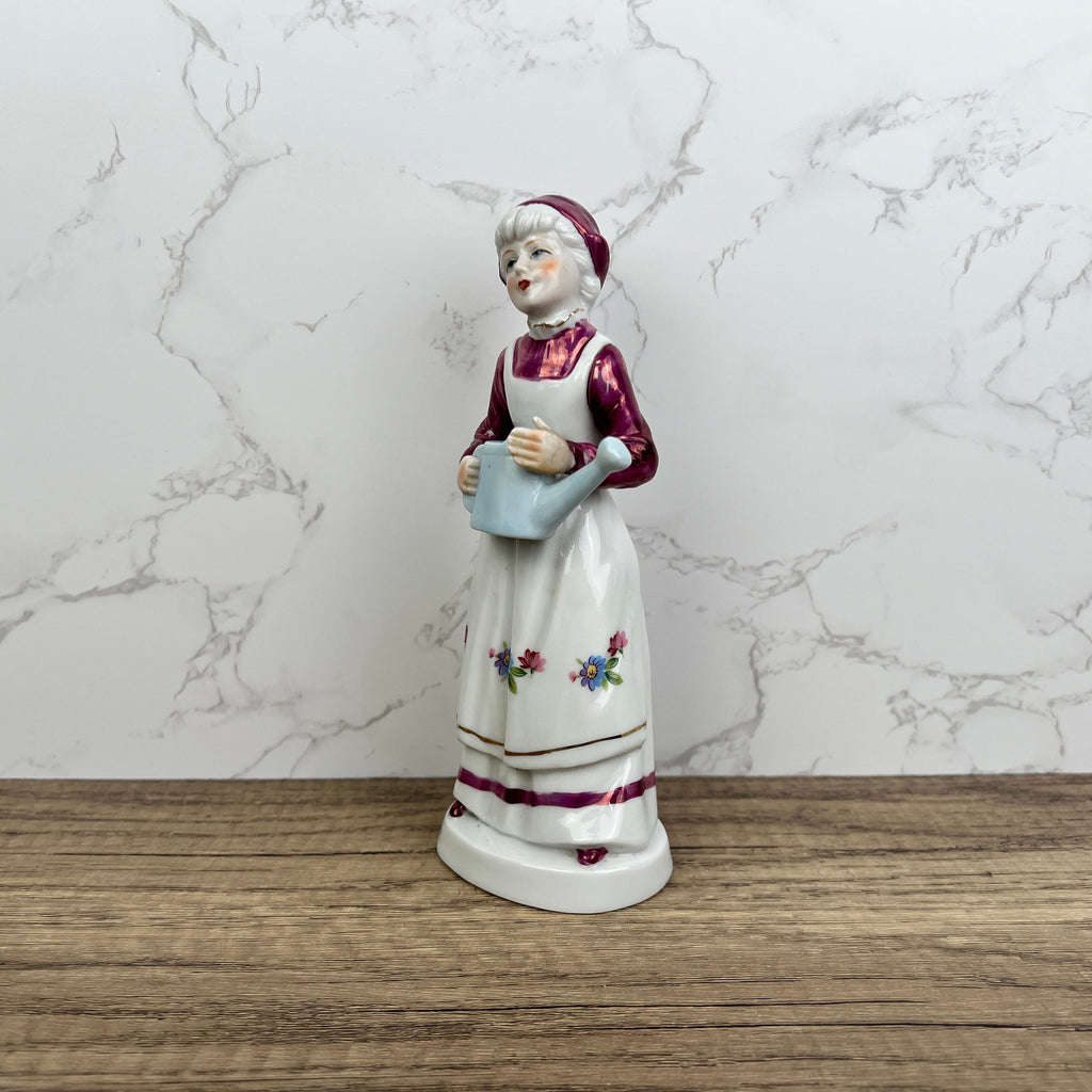 Vintage Porcelain Grandma Figurine, Floral Dress, Watering Jug