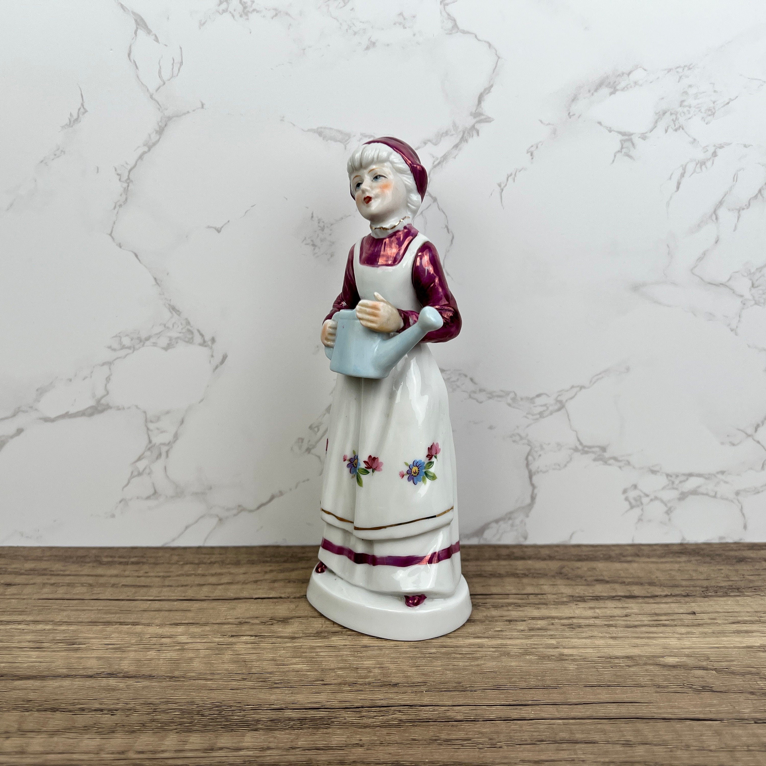 Vintage Porcelain Grandma Figurine, Floral Dress, Watering Jug