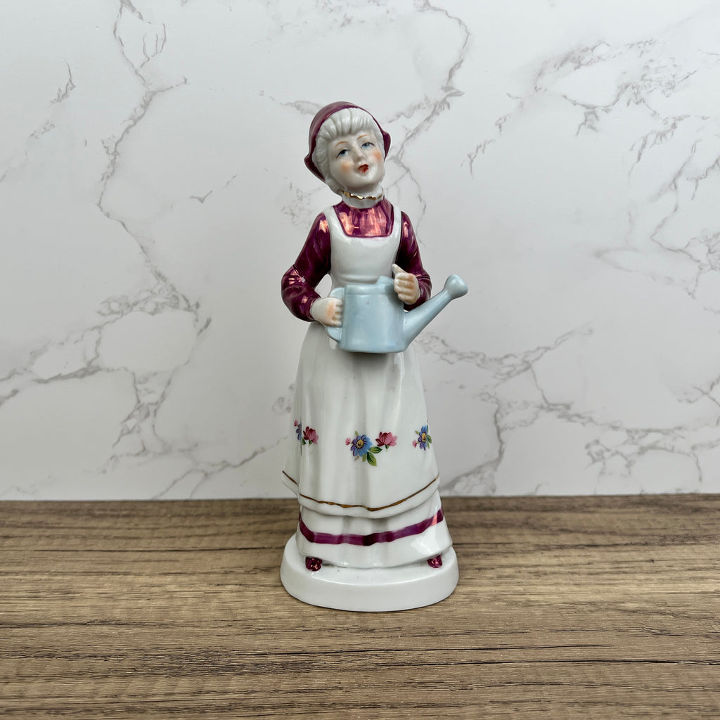 Vintage Porcelain Grandma Figurine, Floral Dress, Watering Jug