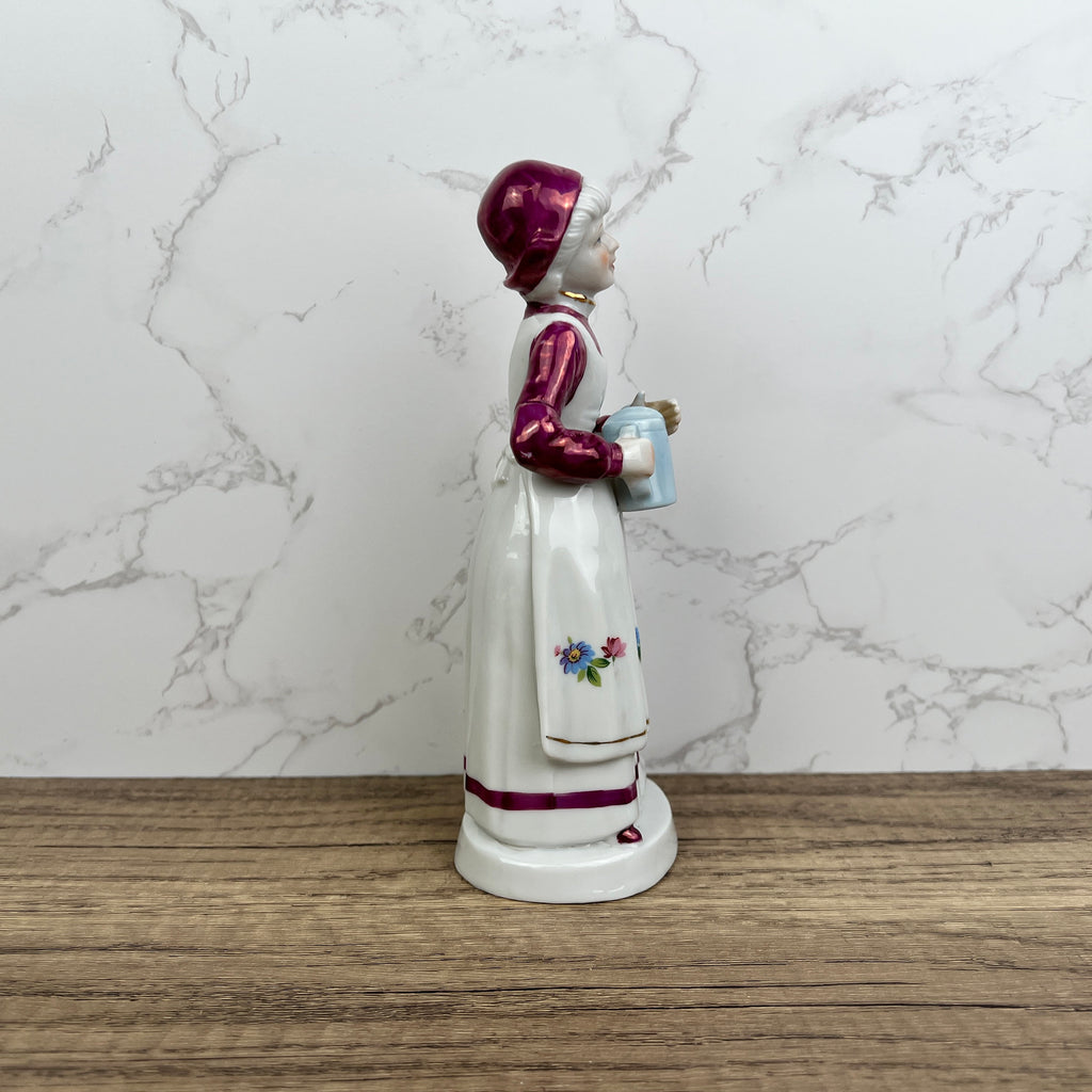 Vintage Porcelain Grandma Figurine, Floral Dress, Watering Jug
