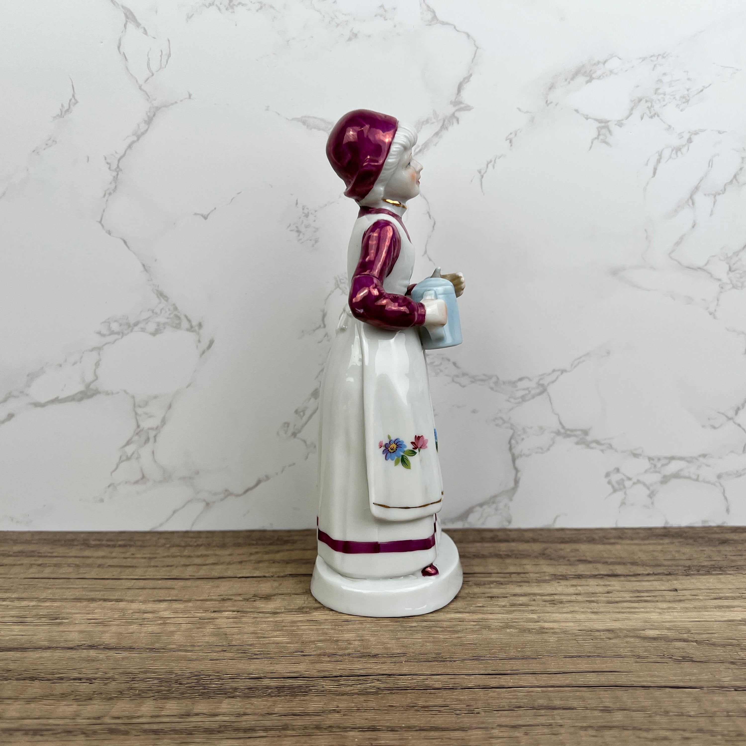 Vintage Porcelain Grandma Figurine, Floral Dress, Watering Jug