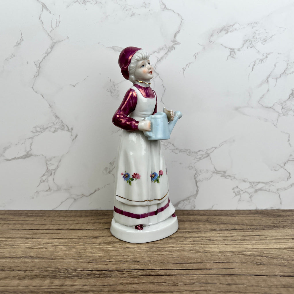Vintage Porcelain Grandma Figurine, Floral Dress, Watering Jug