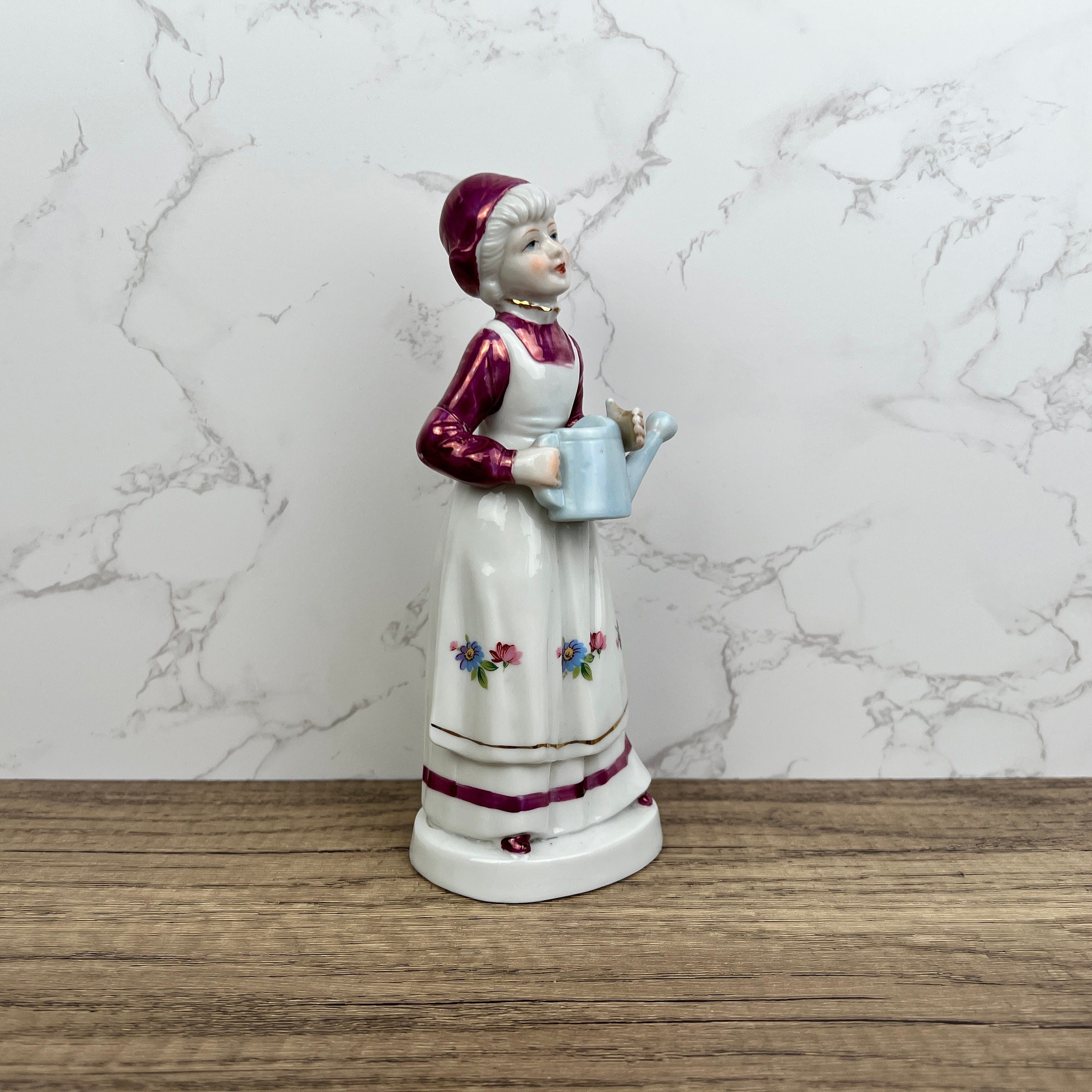 Vintage Porcelain Grandma Figurine, Floral Dress, Watering Jug