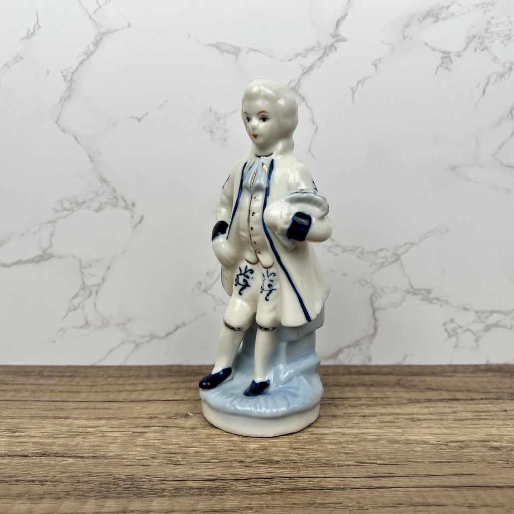Vintage Porcelain Colonial Man Figurine, Blue and White Floral Decor