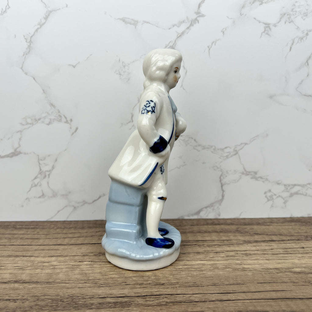 Vintage Porcelain Colonial Man Figurine, Blue and White Floral Decor