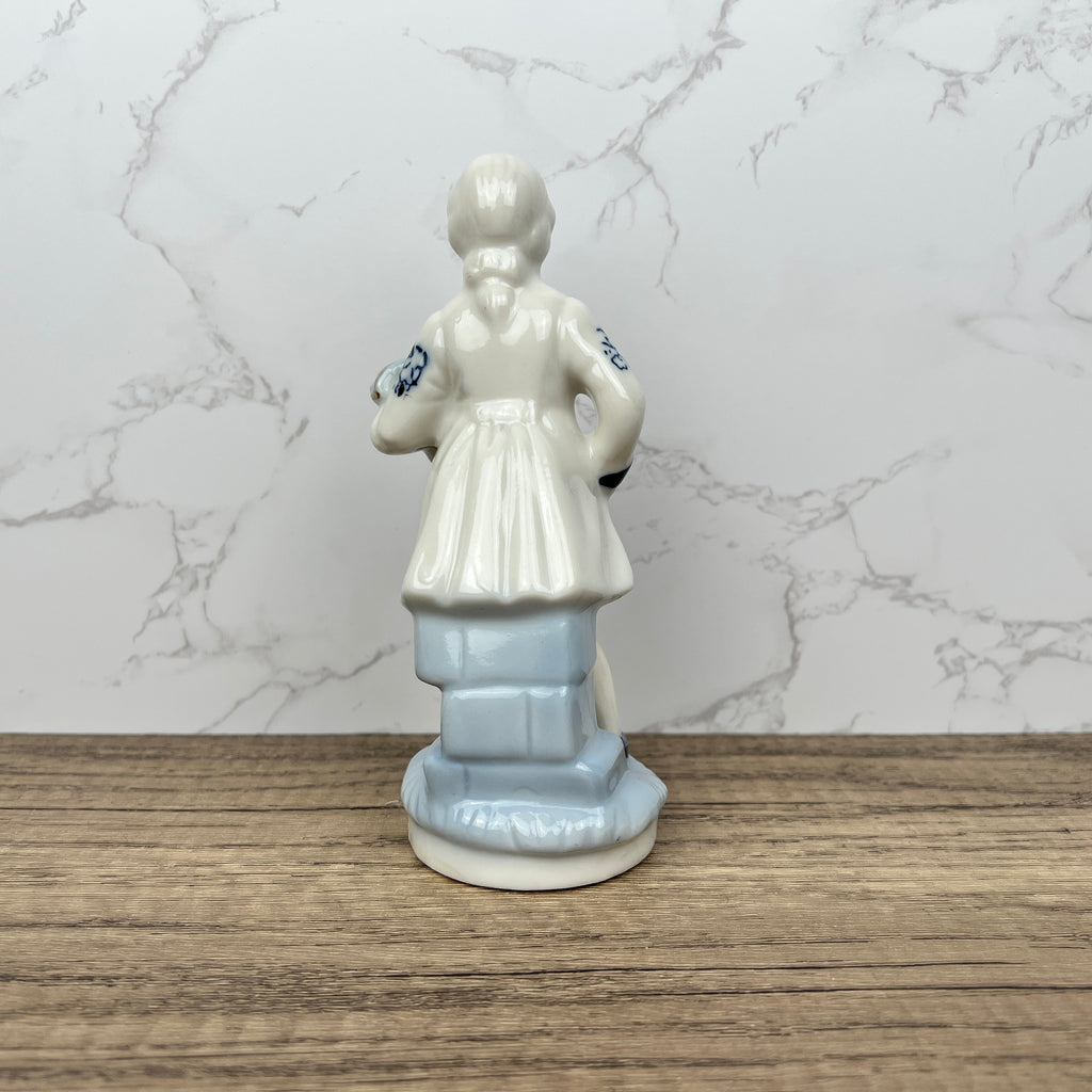 Vintage Porcelain Colonial Man Figurine, Blue and White Floral Decor
