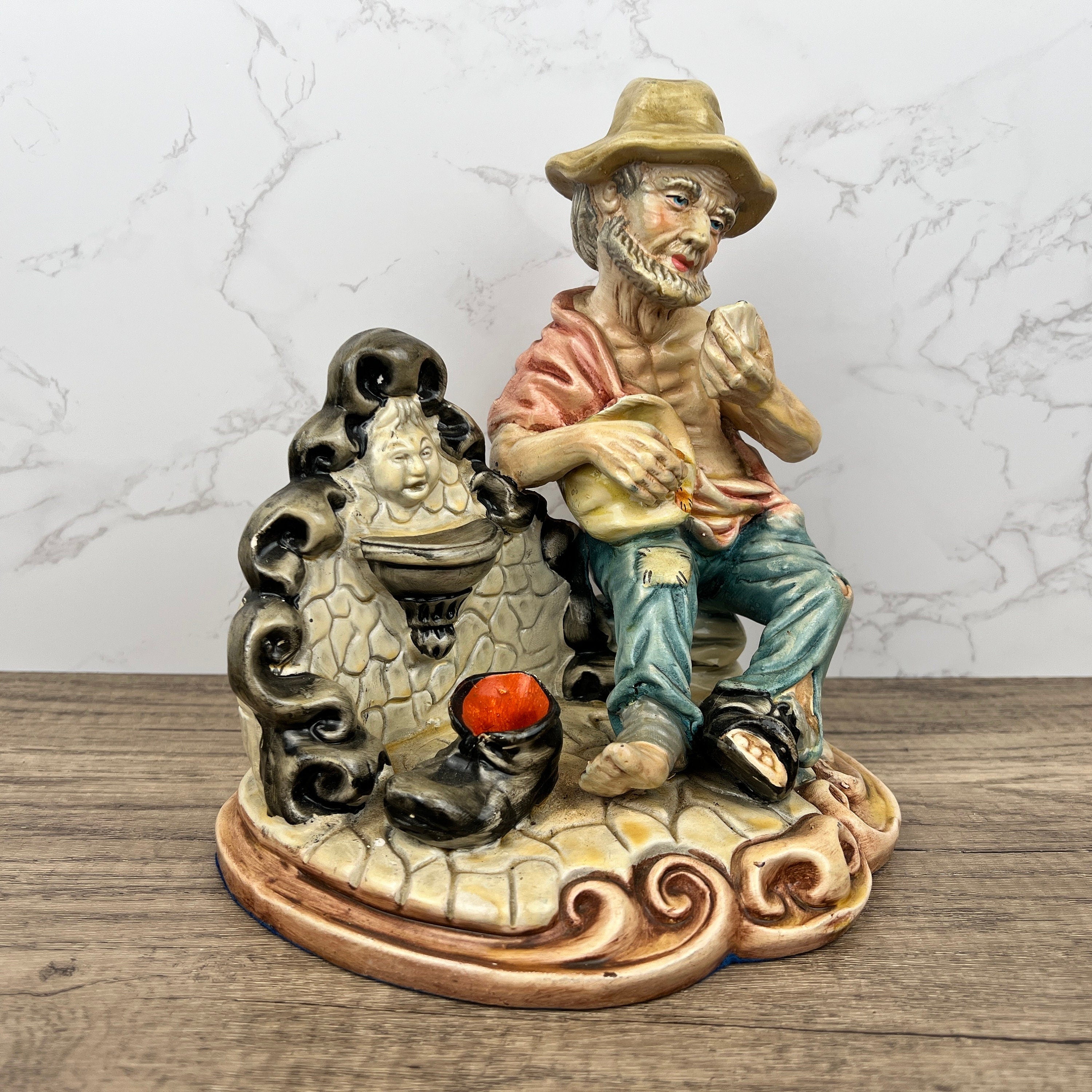Vintage Portuguese Pottery Ornament, Man with Fountain Figurine