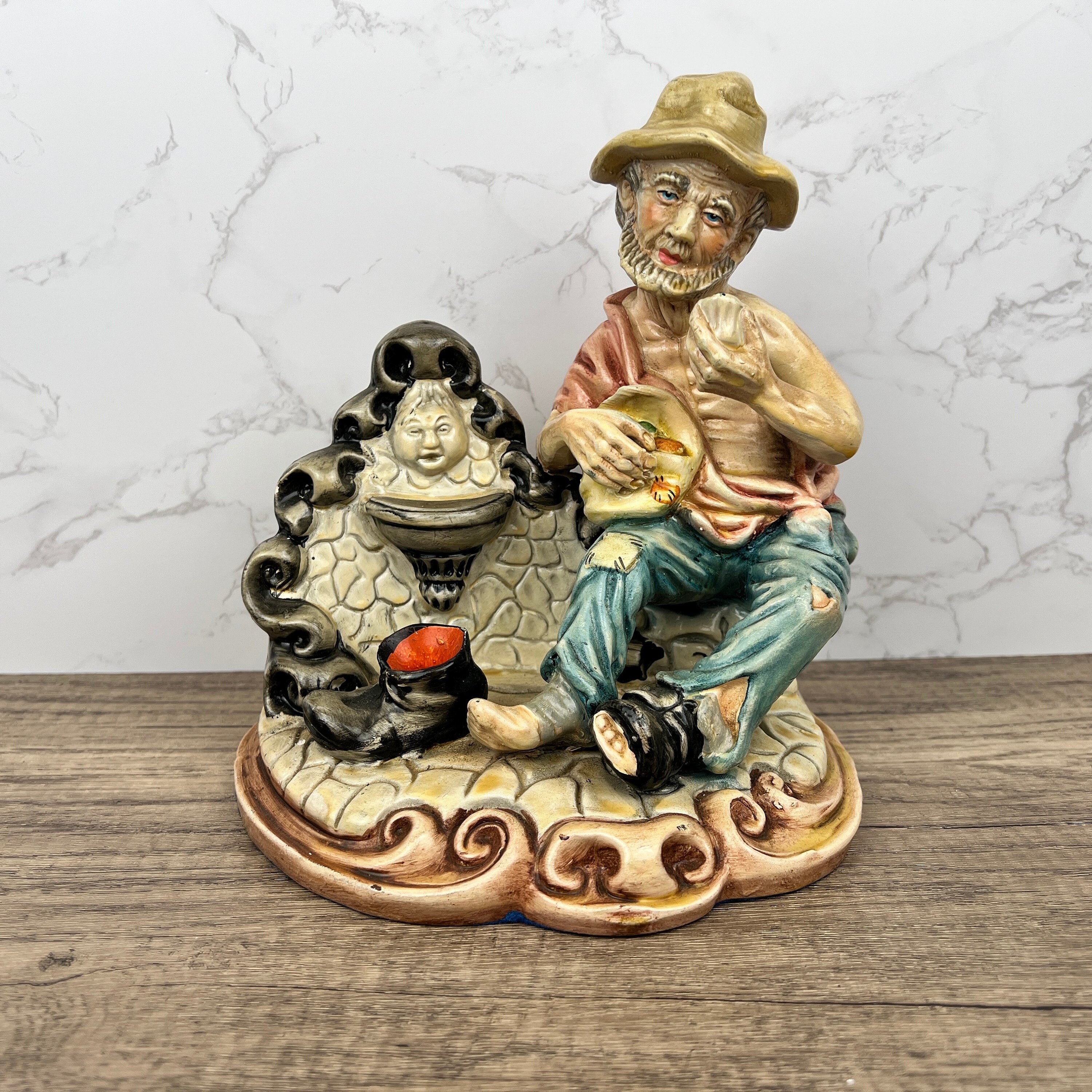 Vintage Portuguese Pottery Ornament, Man with Fountain Figurine