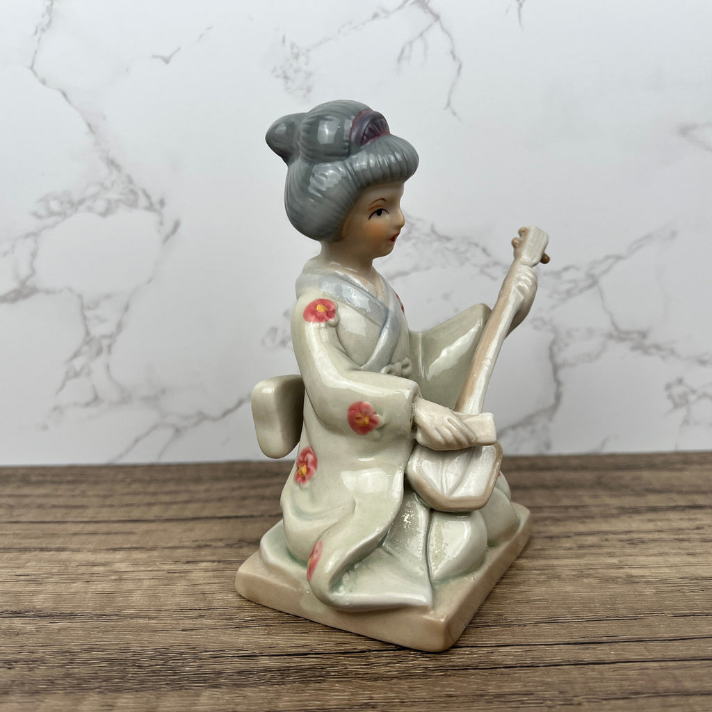 Vintage Japanese Porcelain Geisha Figurine with Mandolin