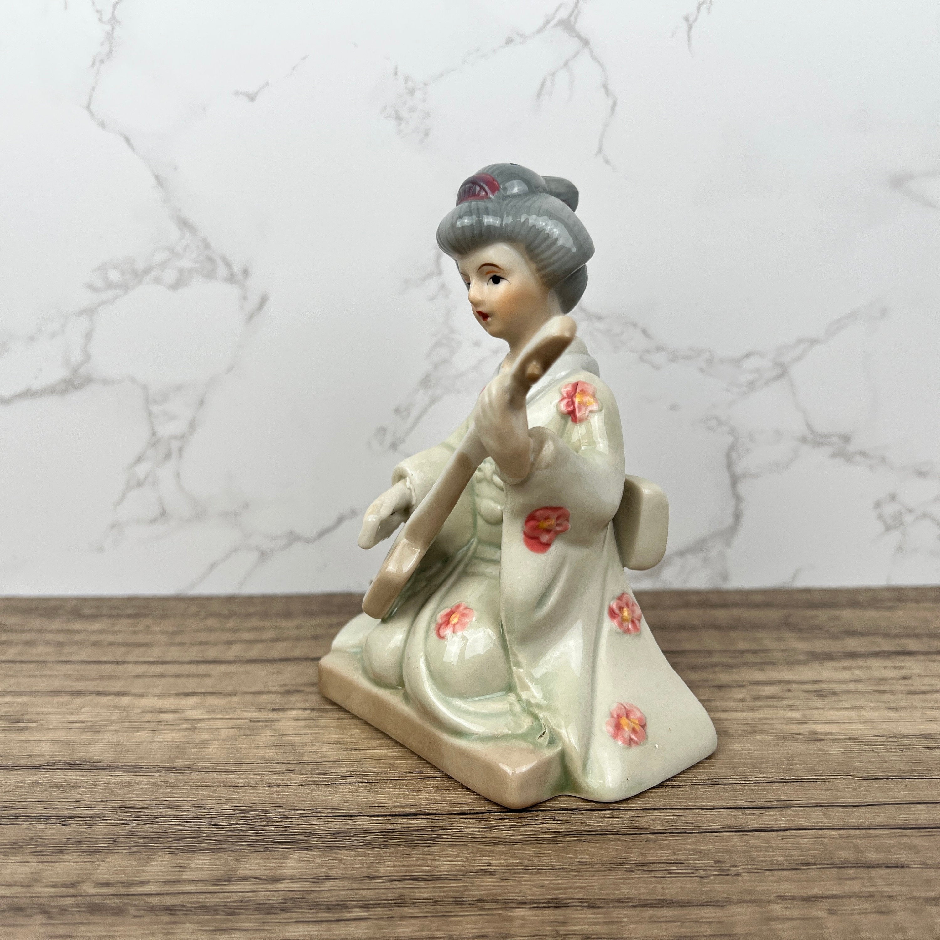 Vintage Japanese Porcelain Geisha Figurine with Mandolin