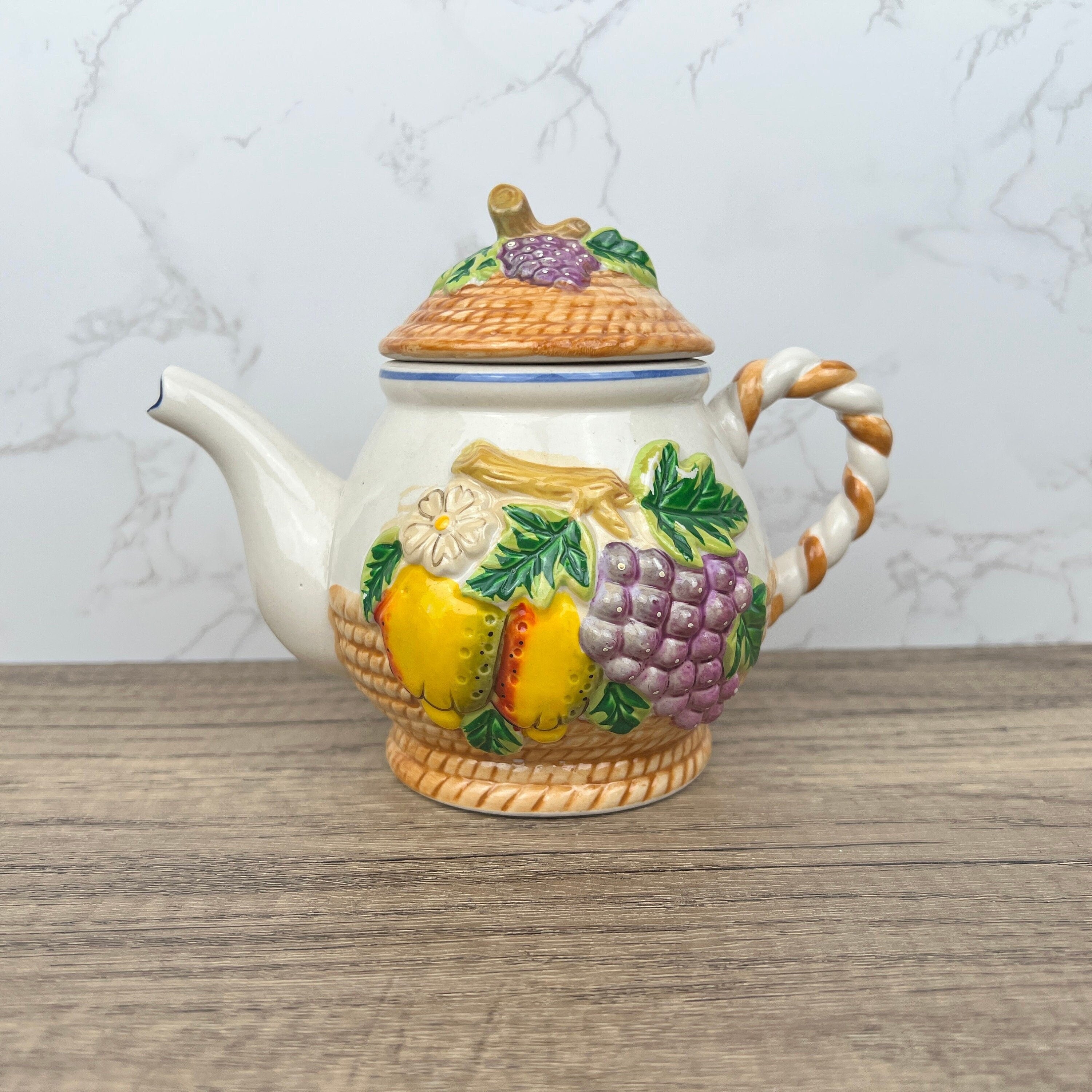 Handmade Vintage Fruit Teapot, Mid Century Cottage Kitchenware