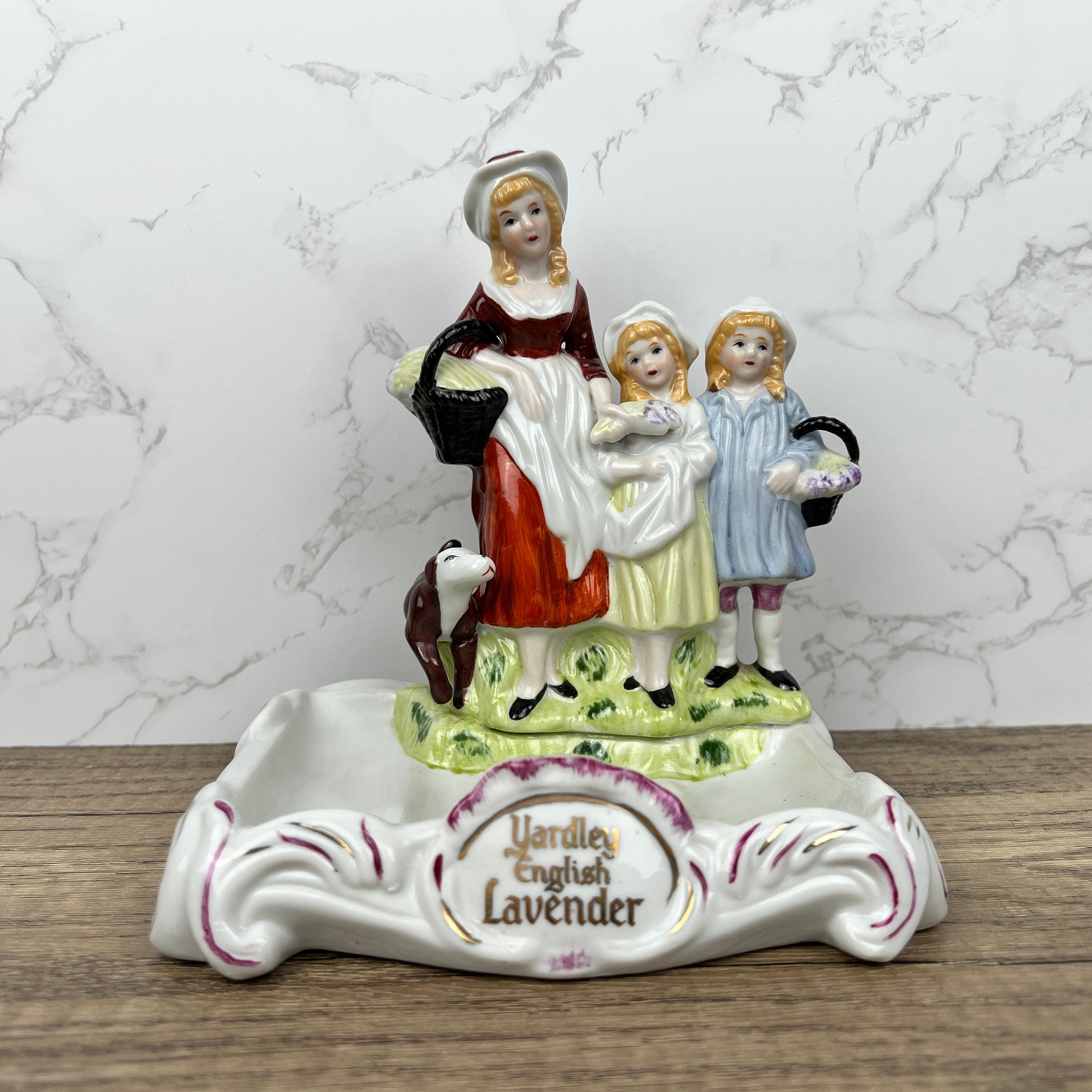 Vintage Yardley English Lavender Porcelain Soap Dish with Figurines