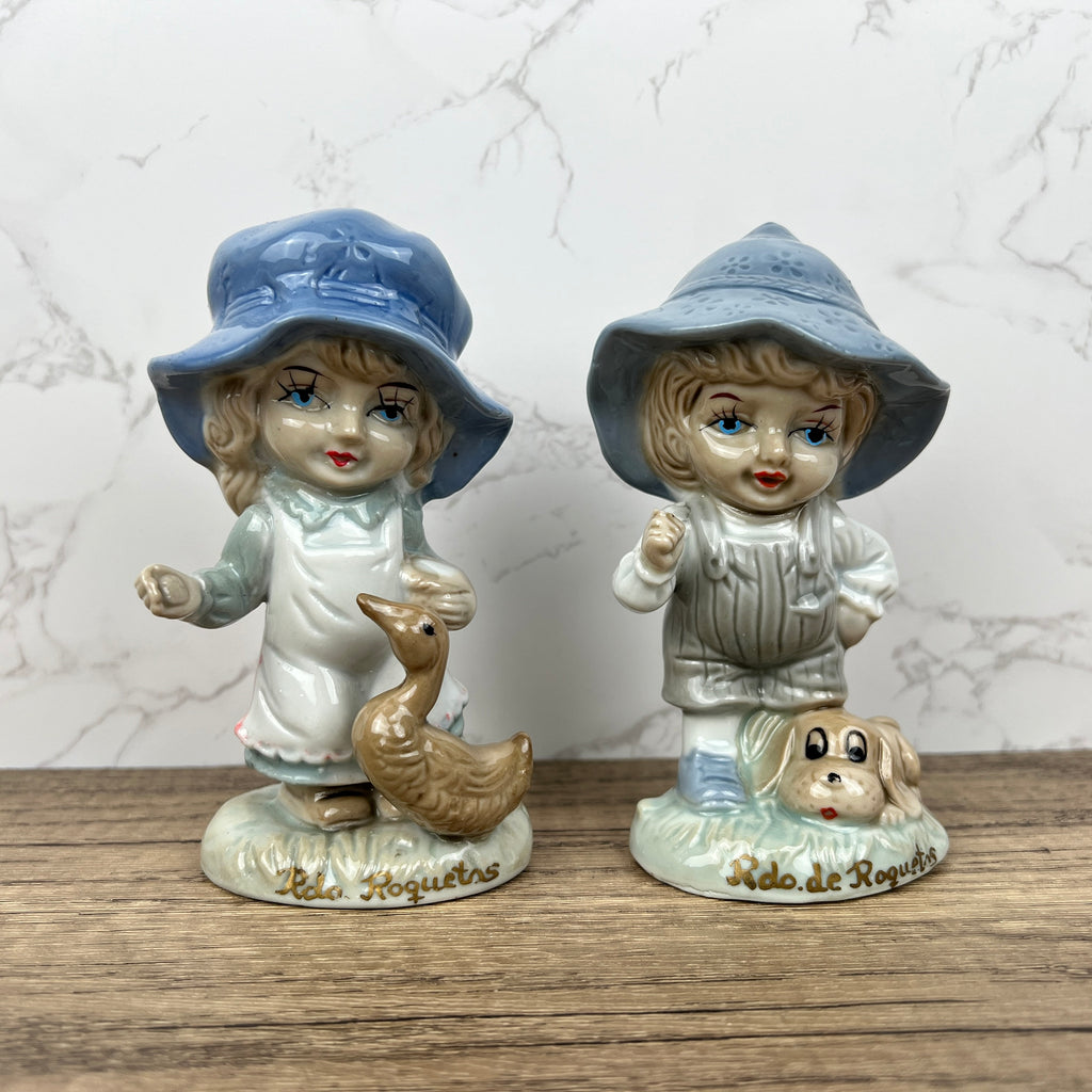 Vintage Portuguese Porcelain Figurines, Boy with Dog and Girl with Duck