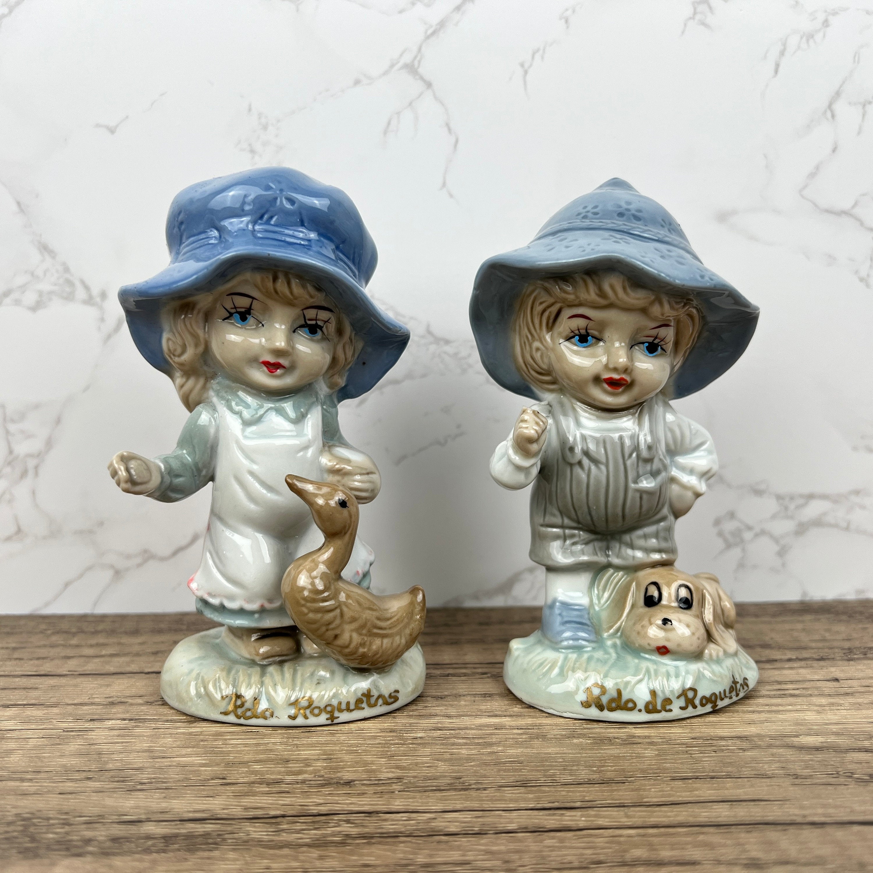 Vintage Portuguese Porcelain Figurines, Boy with Dog and Girl with Duck
