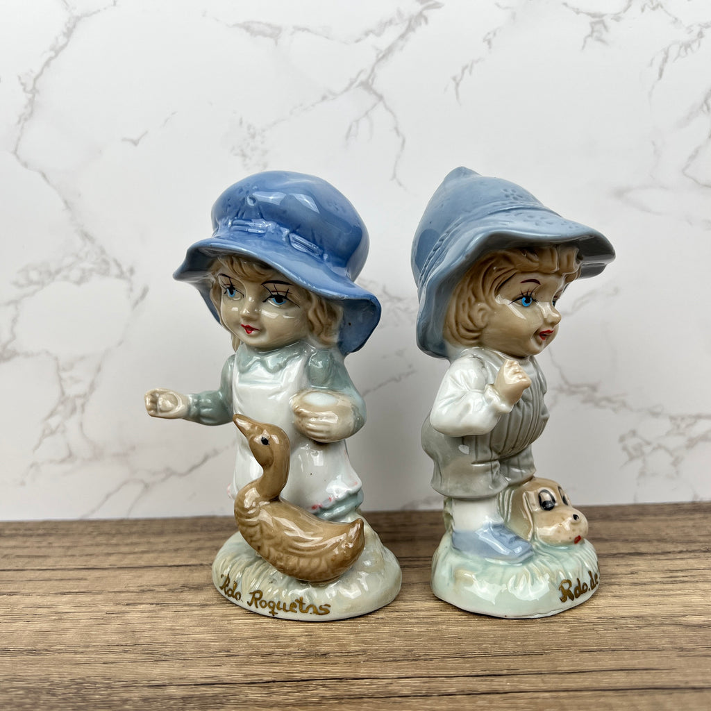Vintage Portuguese Porcelain Figurines, Boy with Dog and Girl with Duck