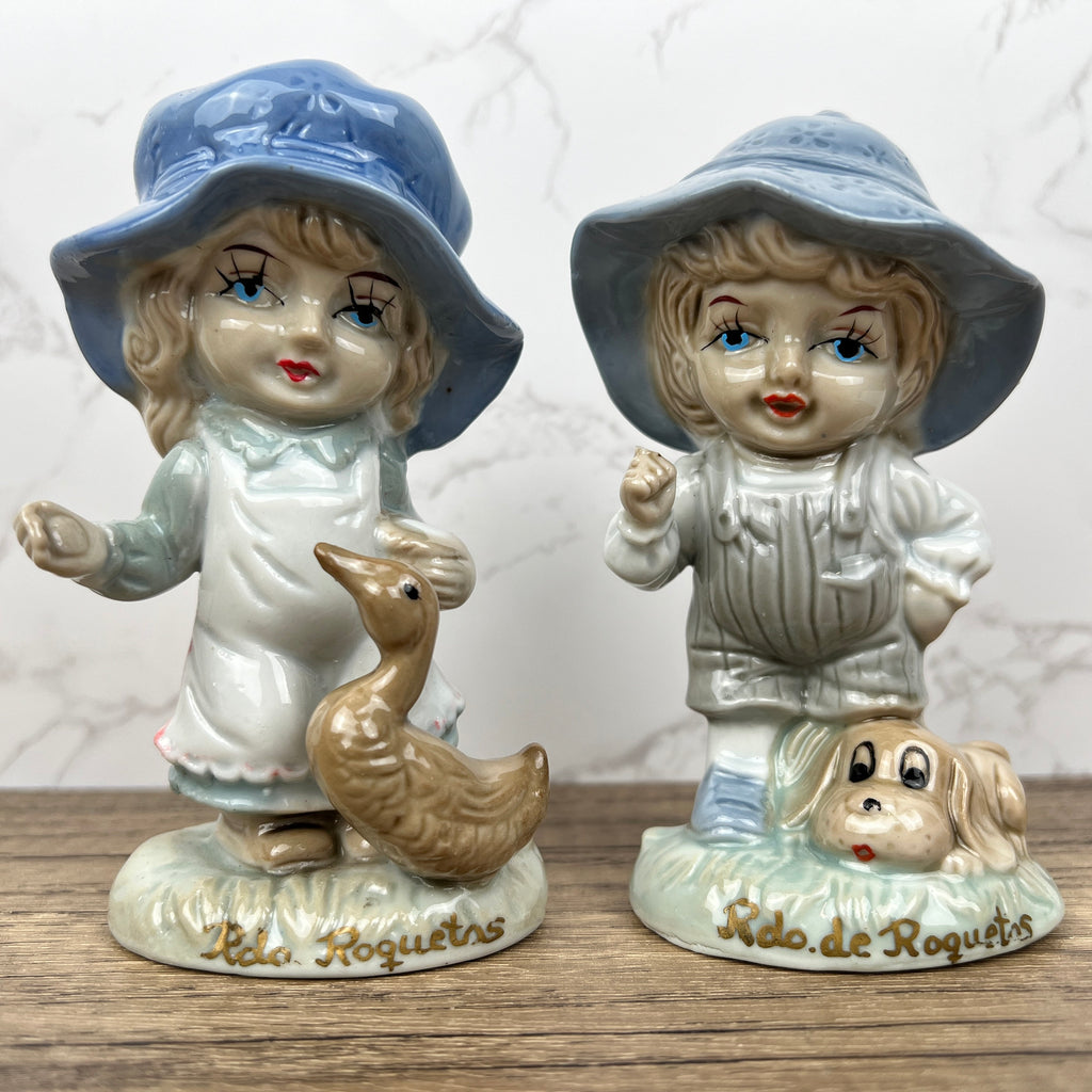 Vintage Portuguese Porcelain Figurines, Boy with Dog and Girl with Duck