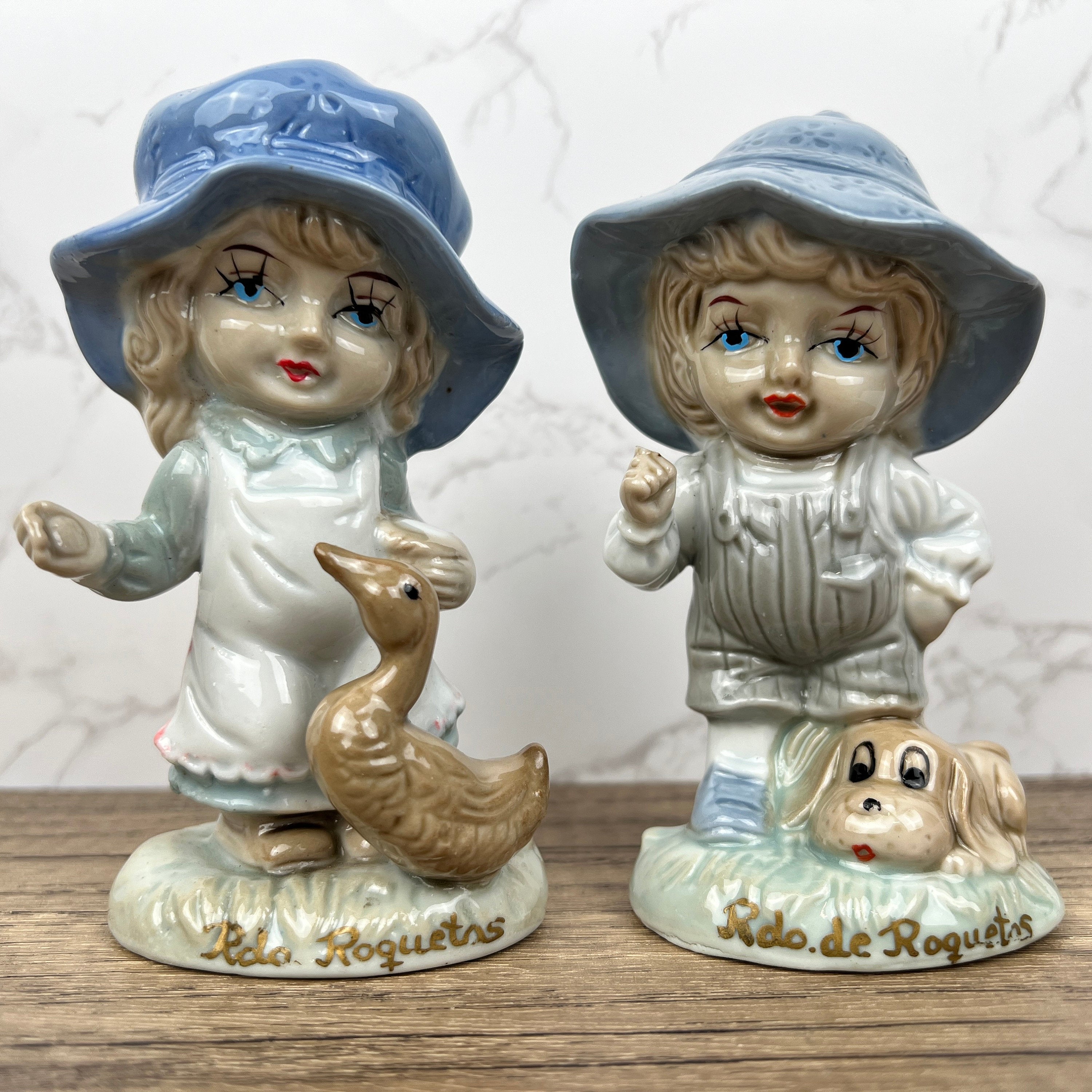Vintage Portuguese Porcelain Figurines, Boy with Dog and Girl with Duck