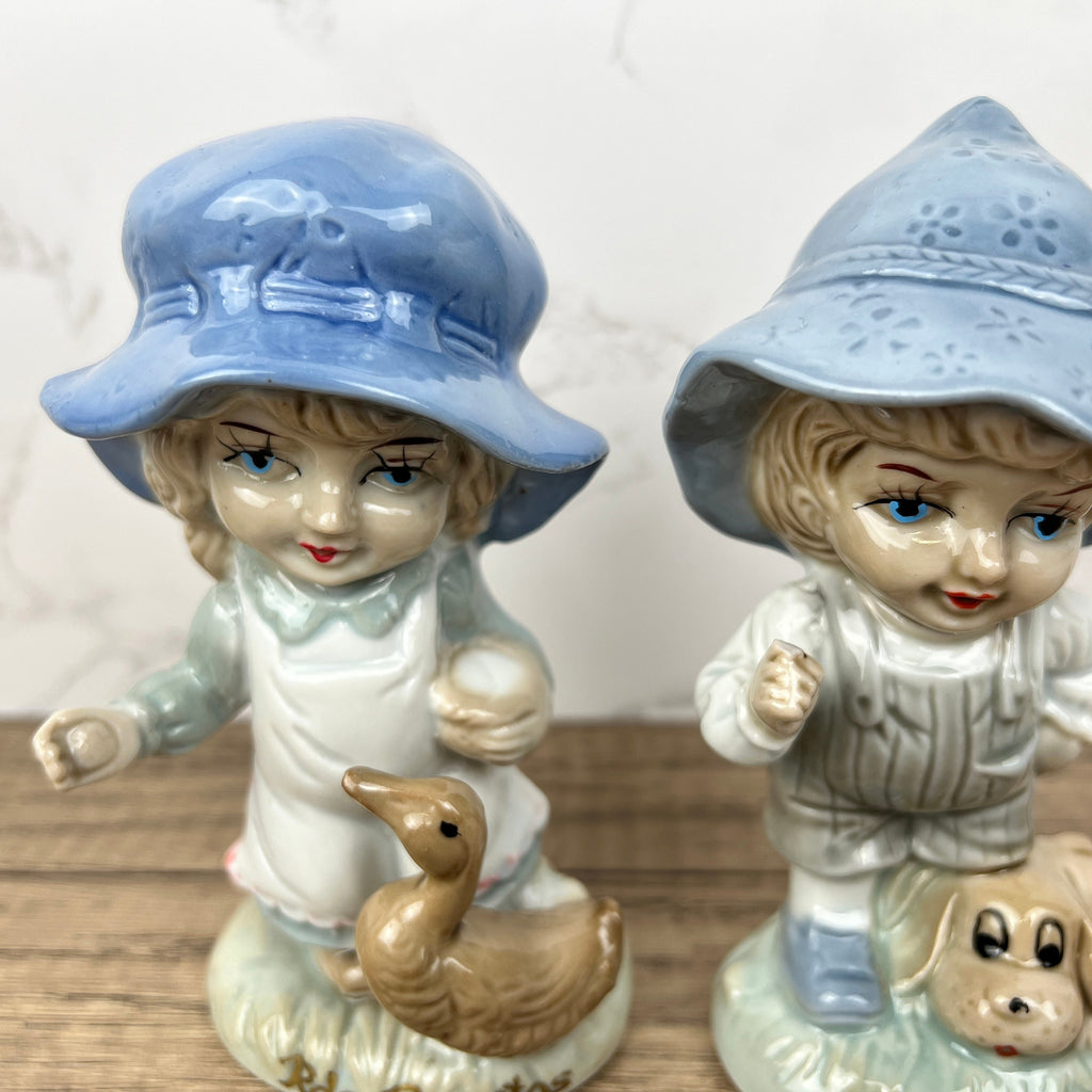 Vintage Portuguese Porcelain Figurines, Boy with Dog and Girl with Duck