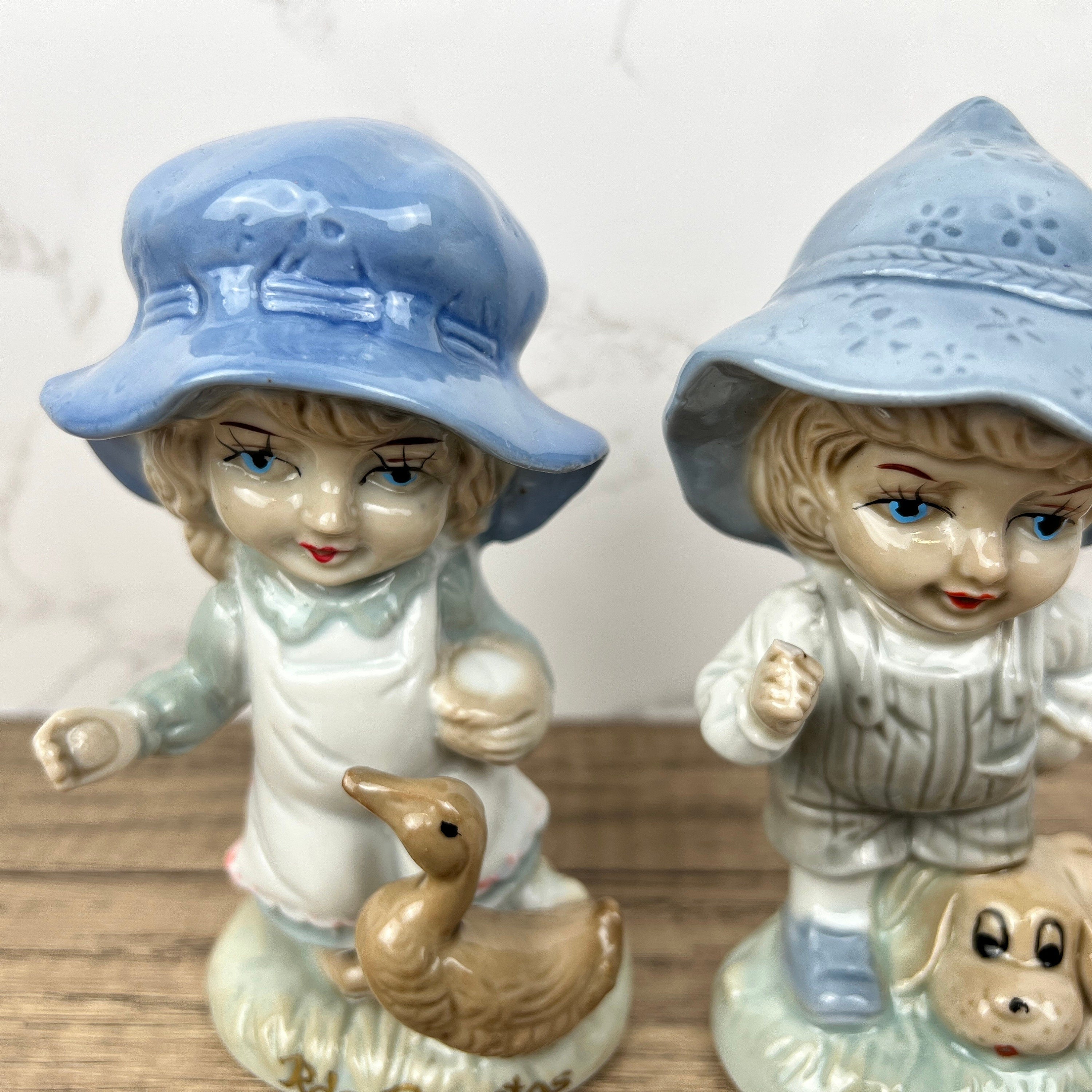 Vintage Portuguese Porcelain Figurines, Boy with Dog and Girl with Duck