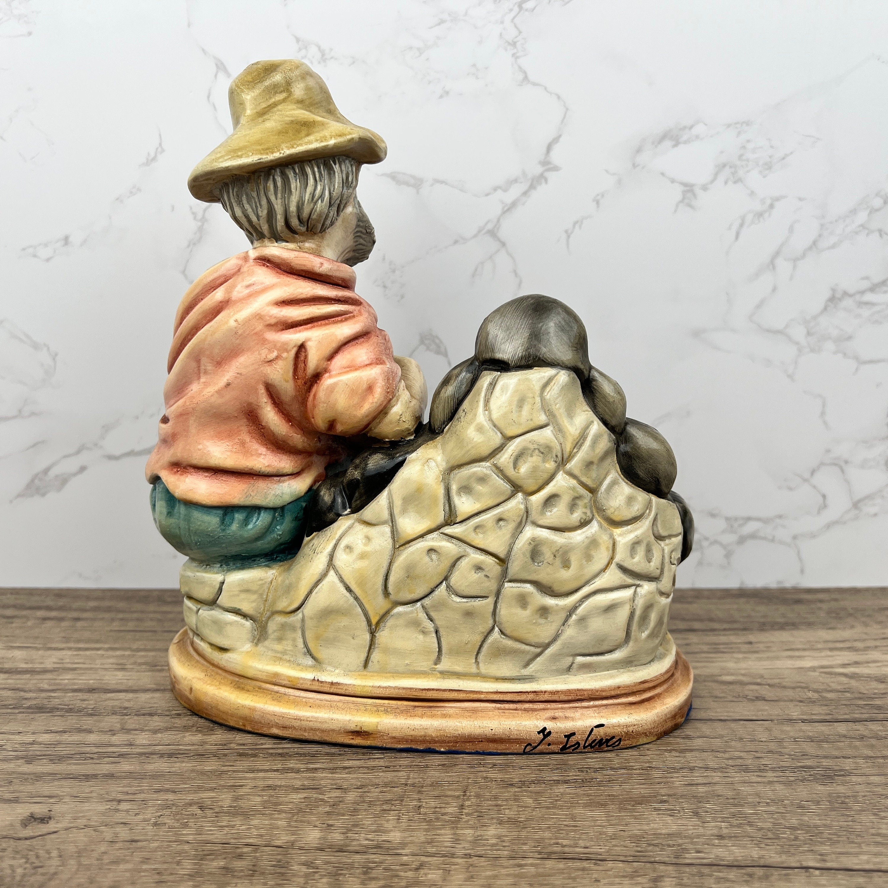 Vintage Portuguese Pottery Ornament, Man with Fountain Figurine