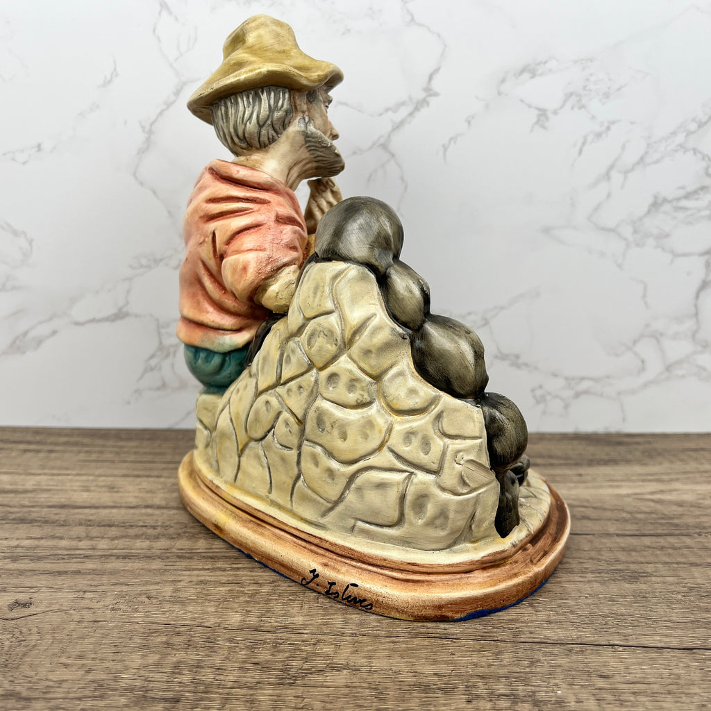 Vintage Portuguese Pottery Ornament, Man with Fountain Figurine