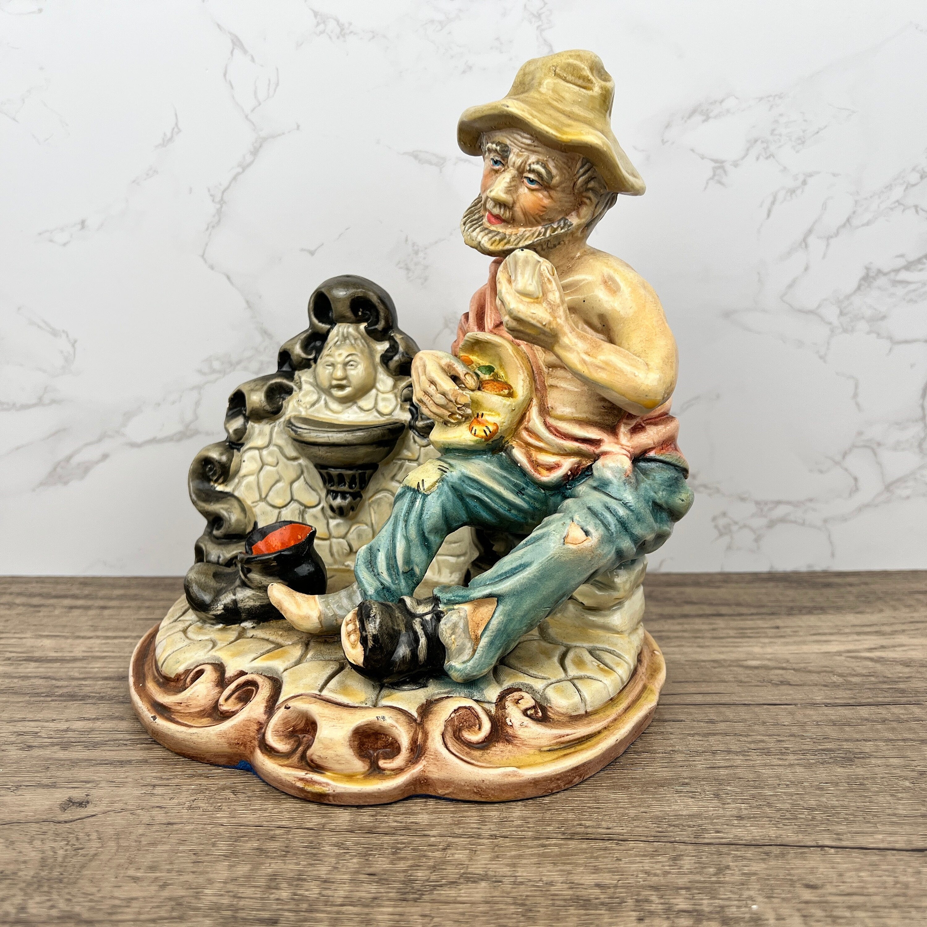 Vintage Portuguese Pottery Ornament, Man with Fountain Figurine