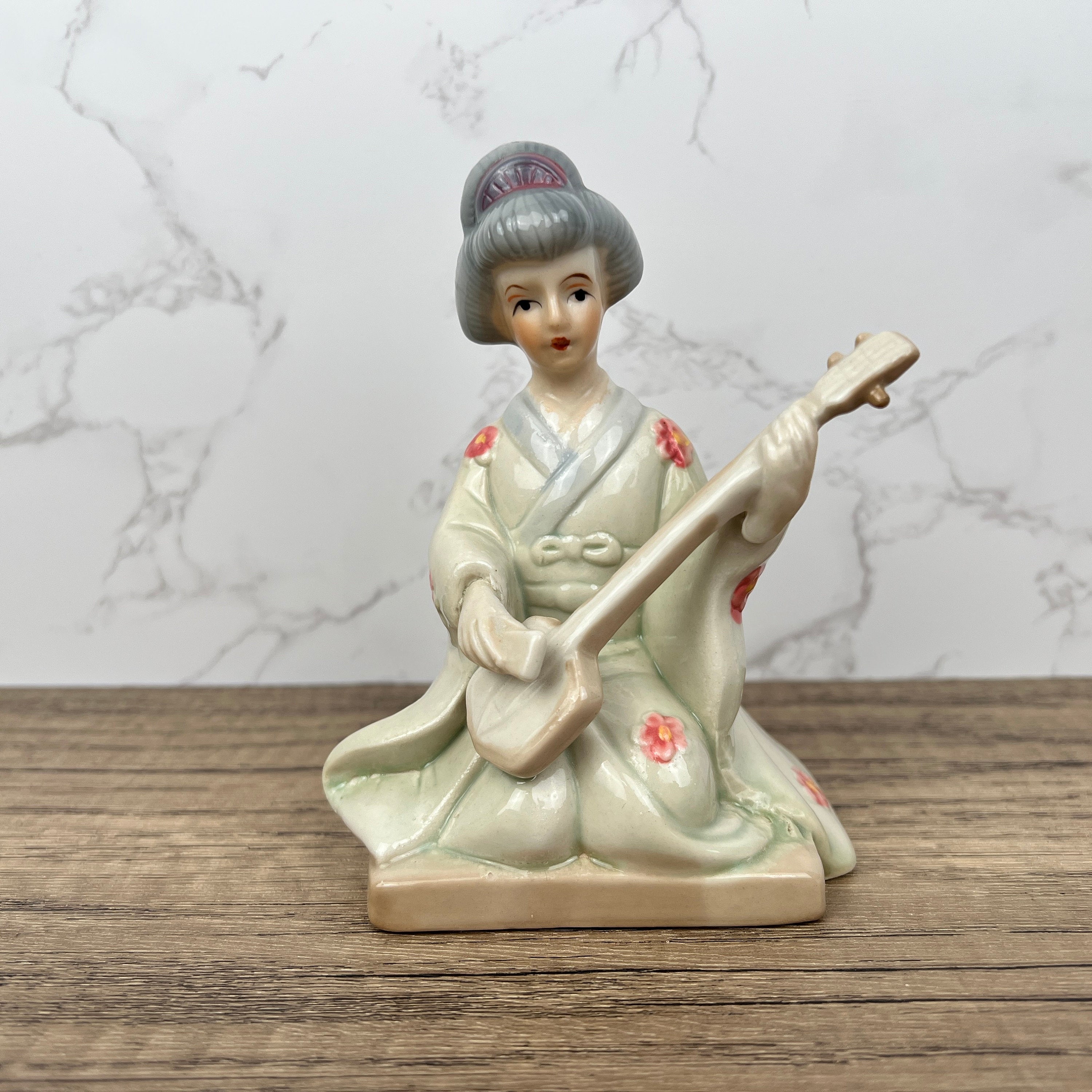 Vintage Japanese Porcelain Geisha Figurine with Mandolin