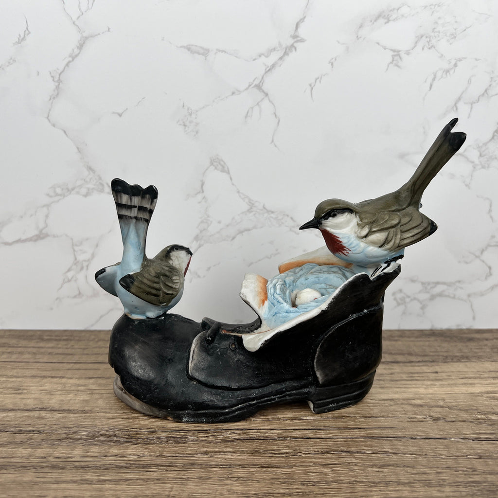 Vintage Porcelain Price Products Birds with Nest in Old Boot, Broken Beak